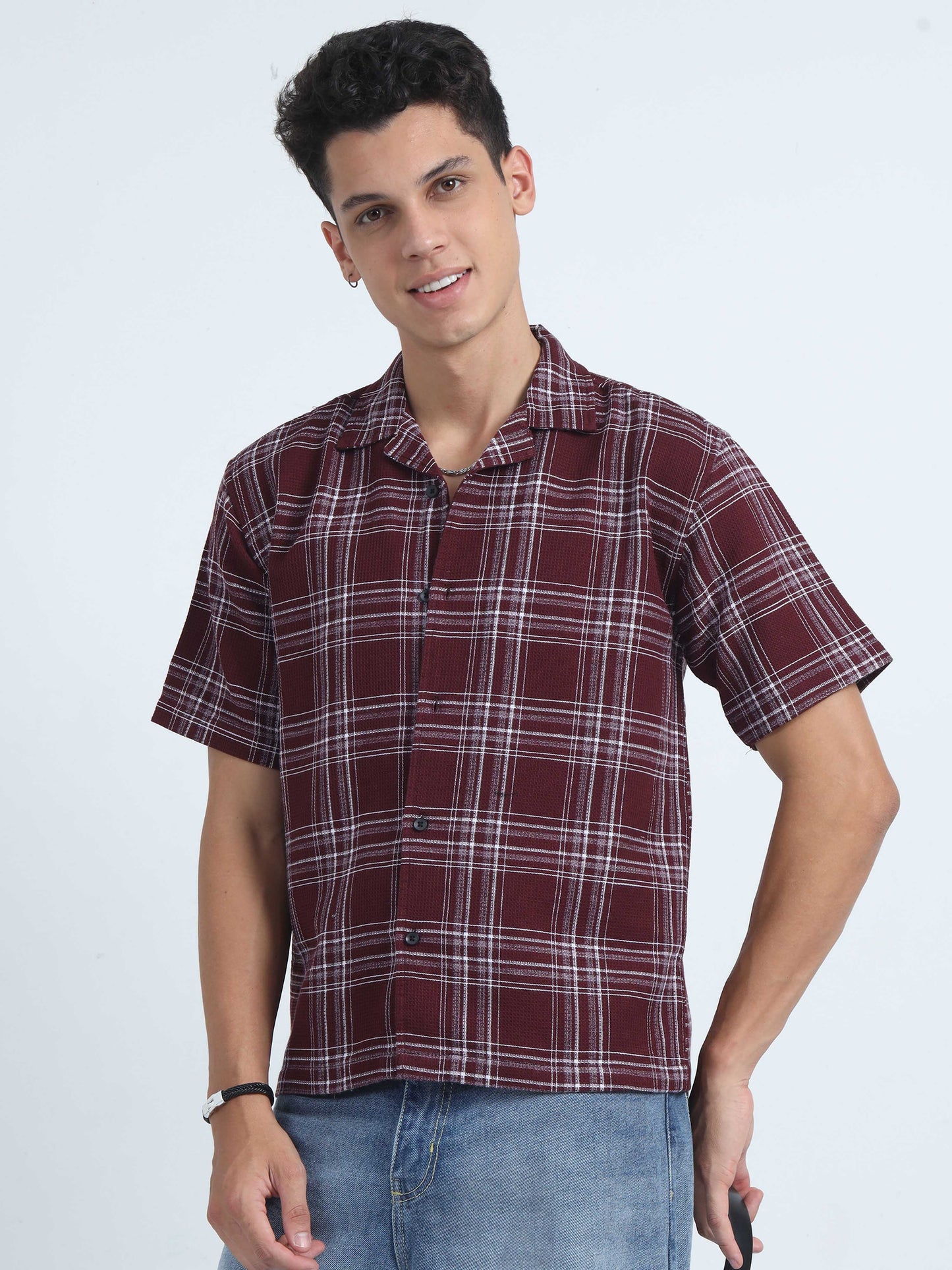 Men Checks Jacquard Oversized Shirt-Maroon