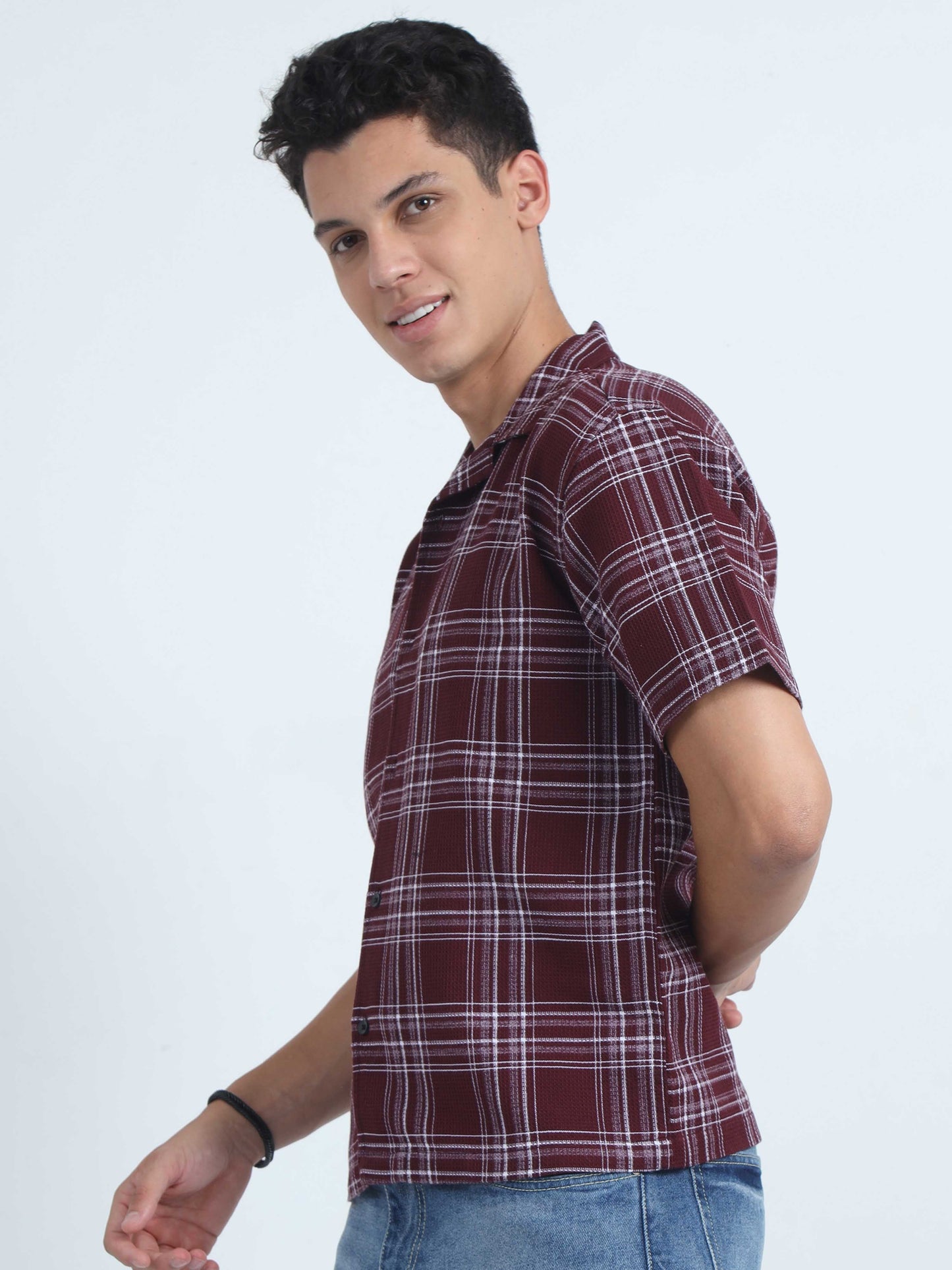 Men Checks Jacquard Oversized Shirt-Maroon