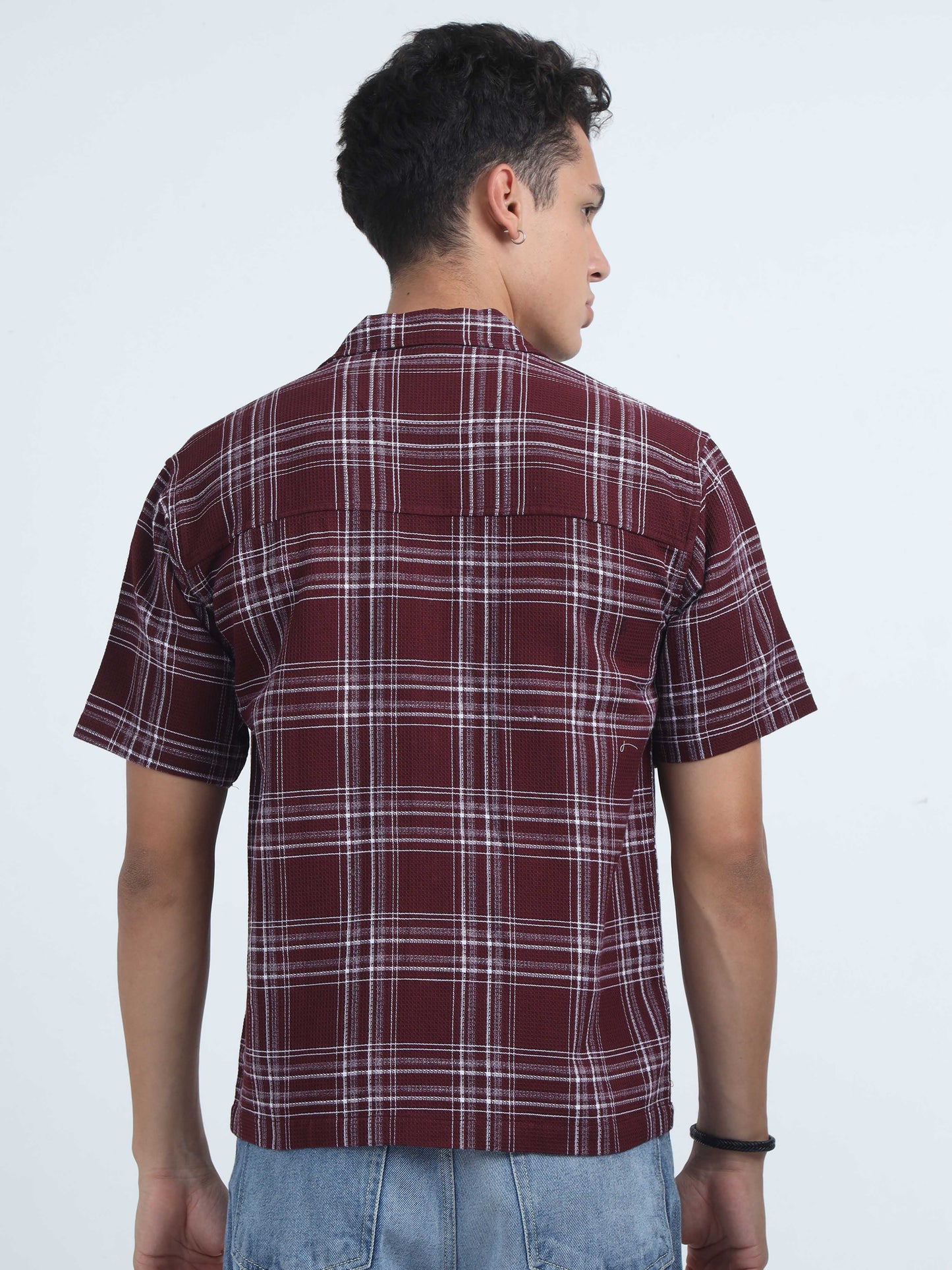 Men Checks Jacquard Oversized Shirt-Maroon