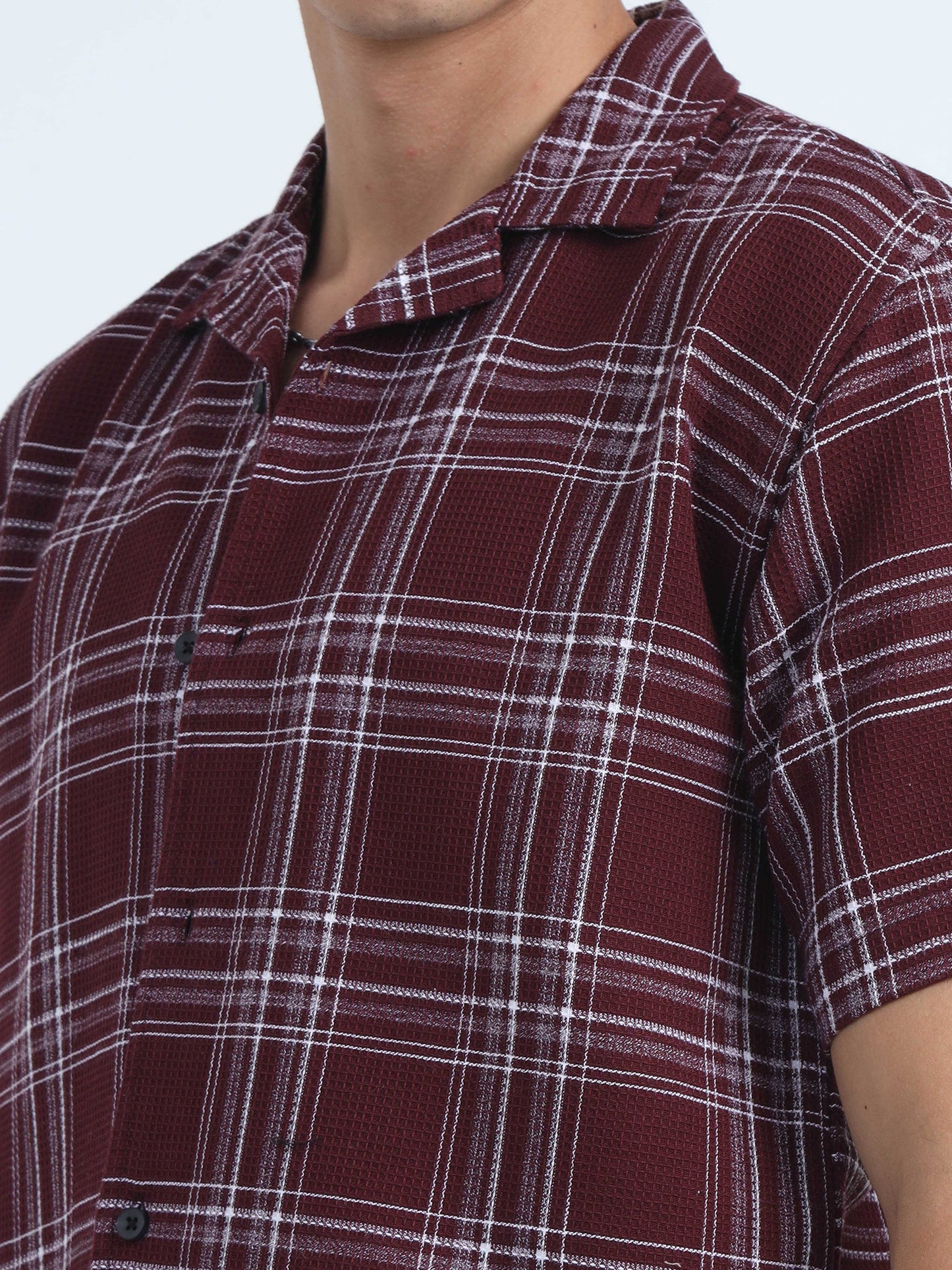 Men Checks Jacquard Oversized Shirt-Maroon