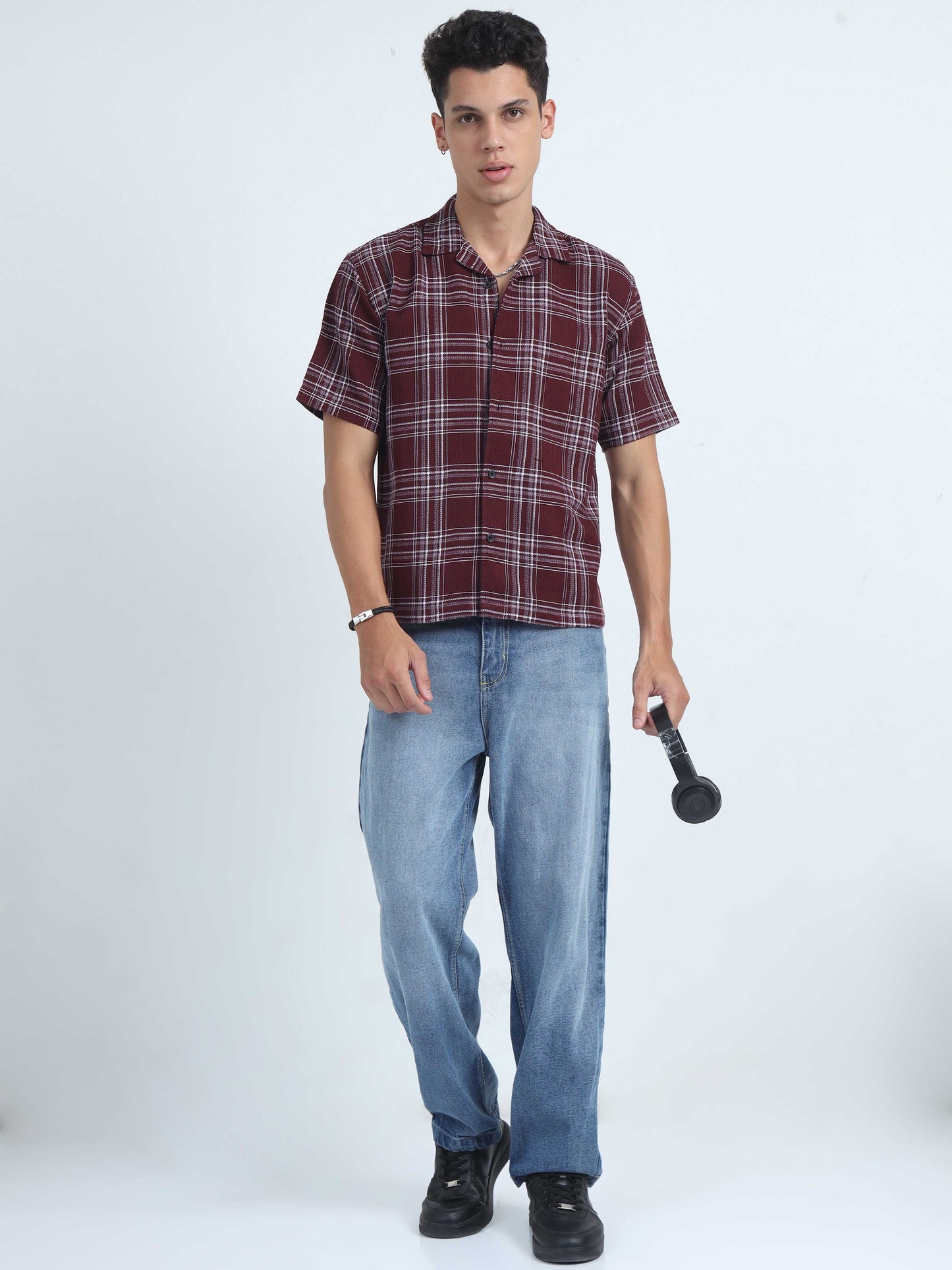 Men Checks Jacquard Oversized Shirt-Maroon