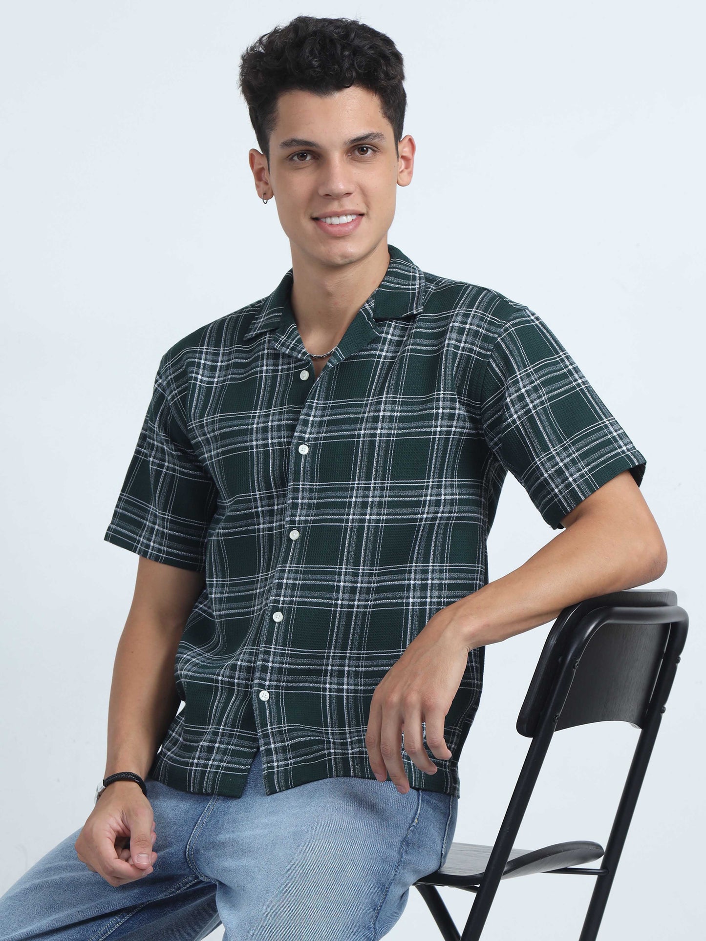 Men Checks Jacquard Oversized Shirt-Olive