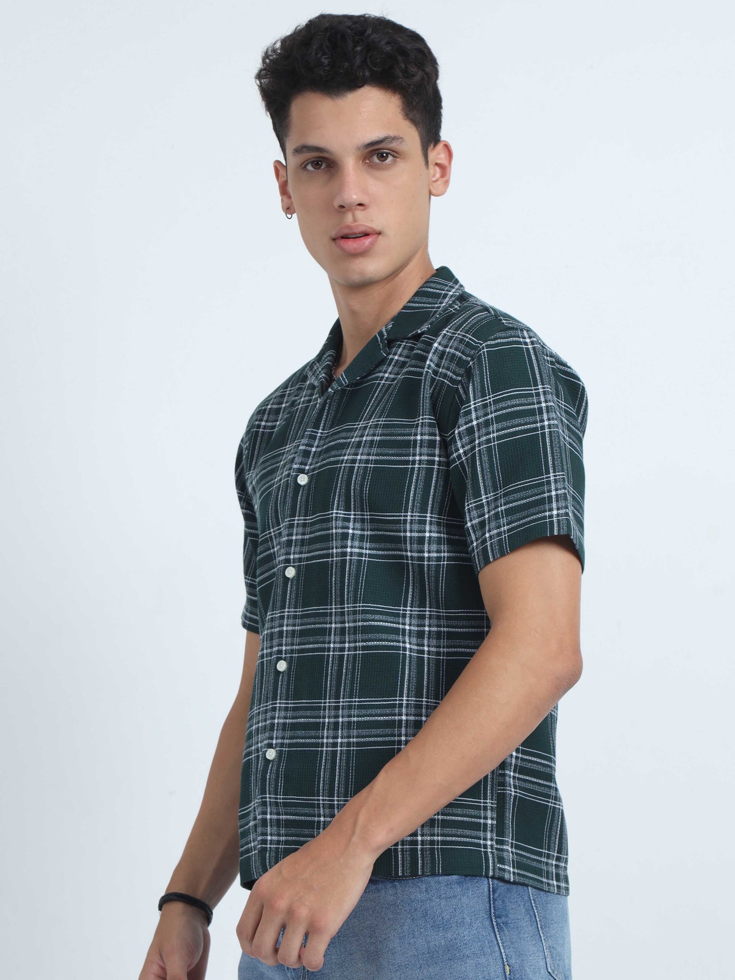 Men Checks Jacquard Oversized Shirt-Olive