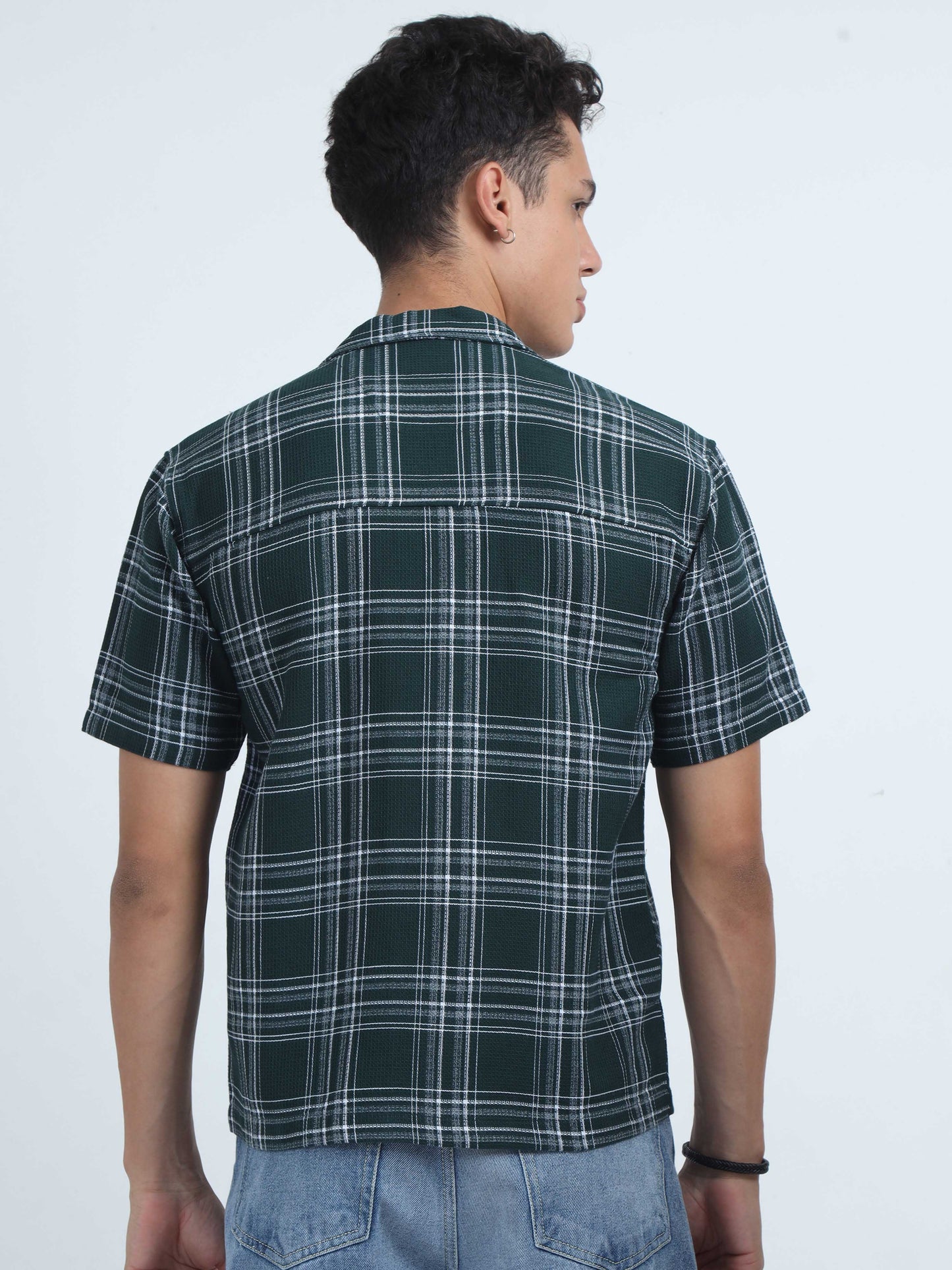 Men Checks Jacquard Oversized Shirt-Olive