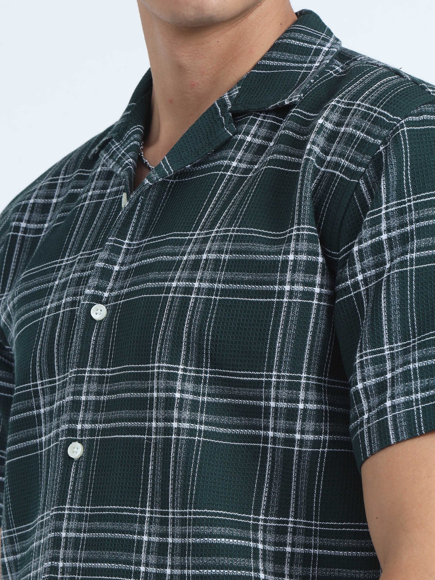 Men Checks Jacquard Oversized Shirt-Olive