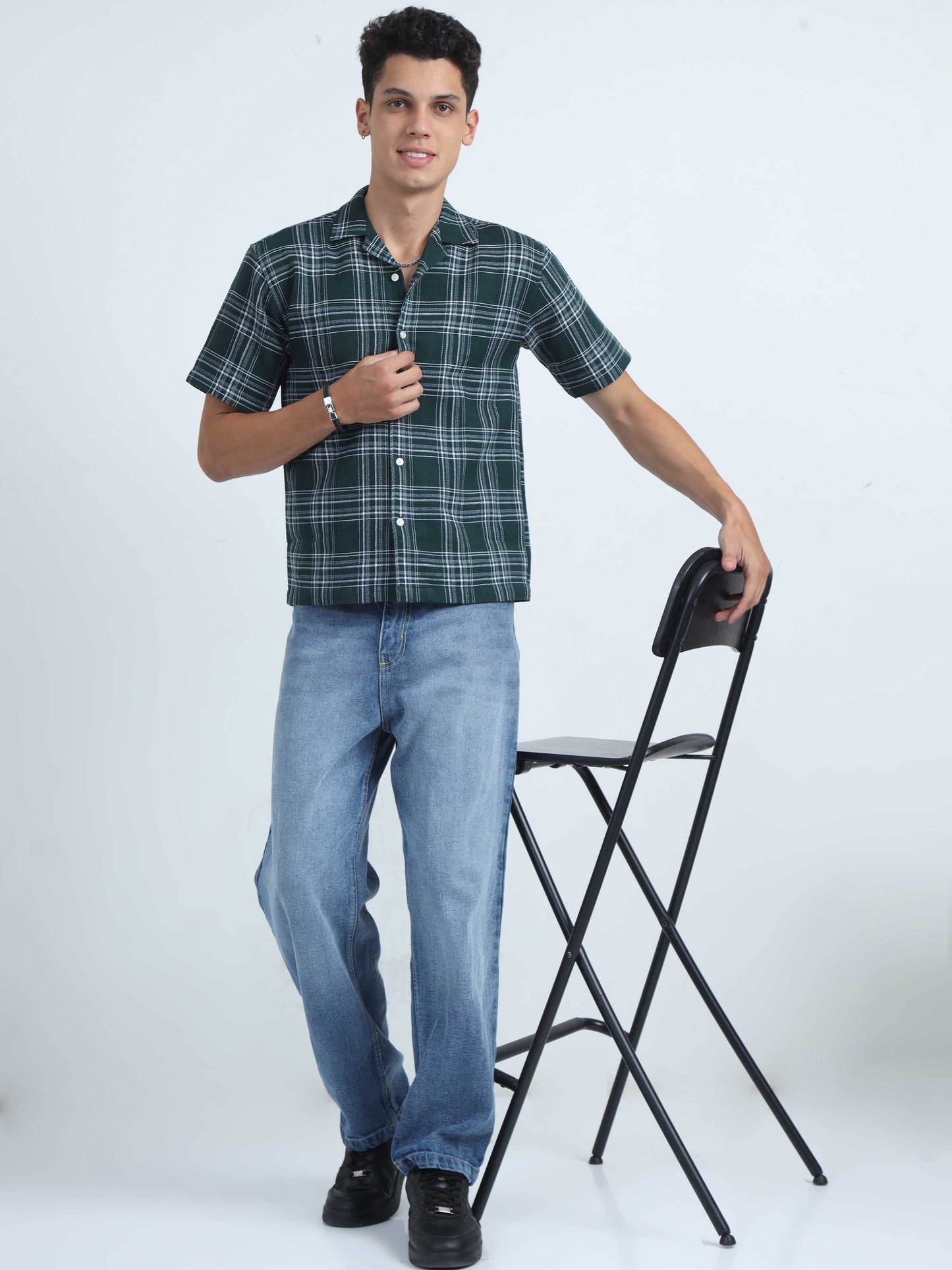 Men Checks Jacquard Oversized Shirt-Olive
