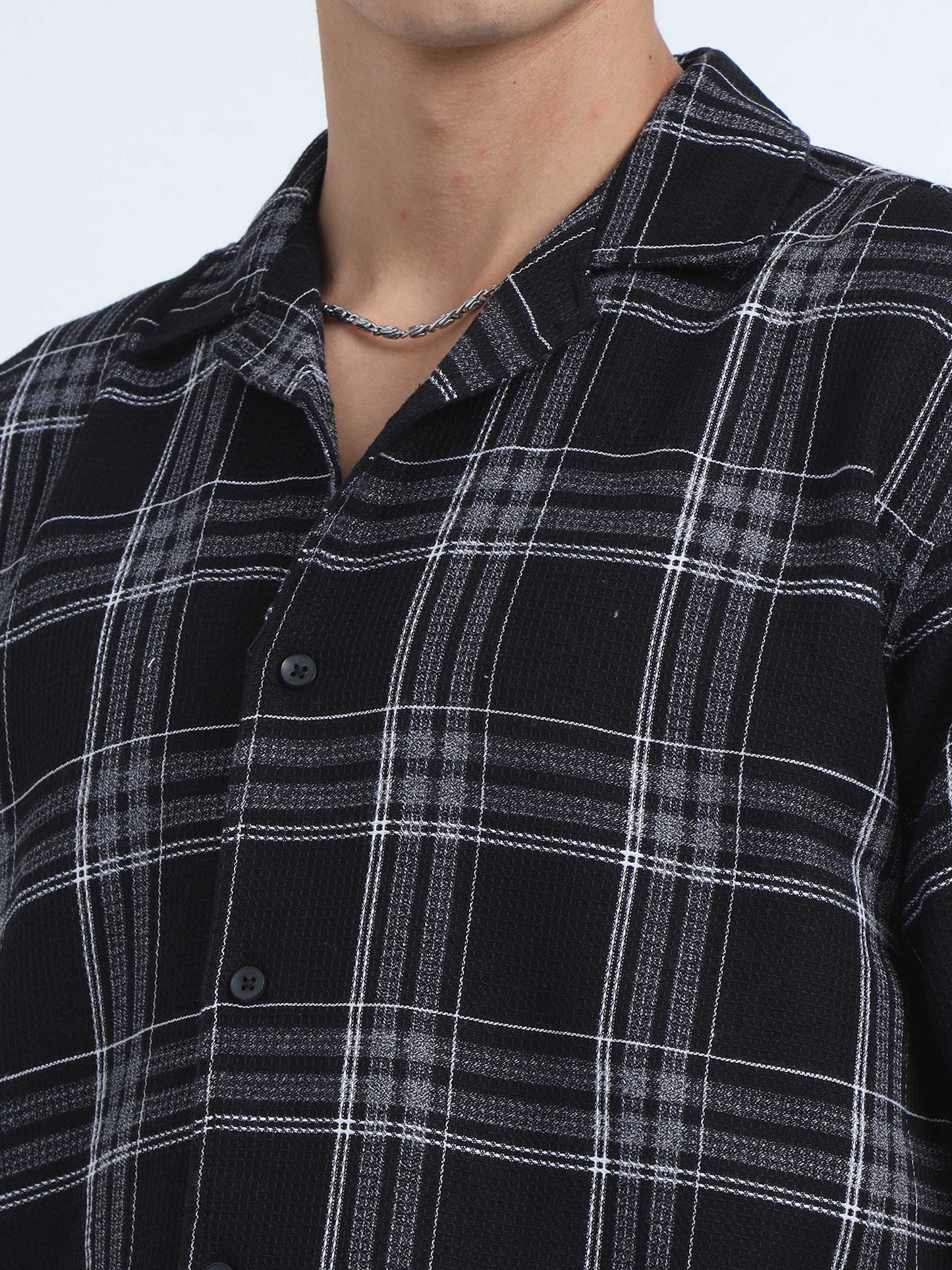 Men Checks Jacquard Oversized Shirt-Black