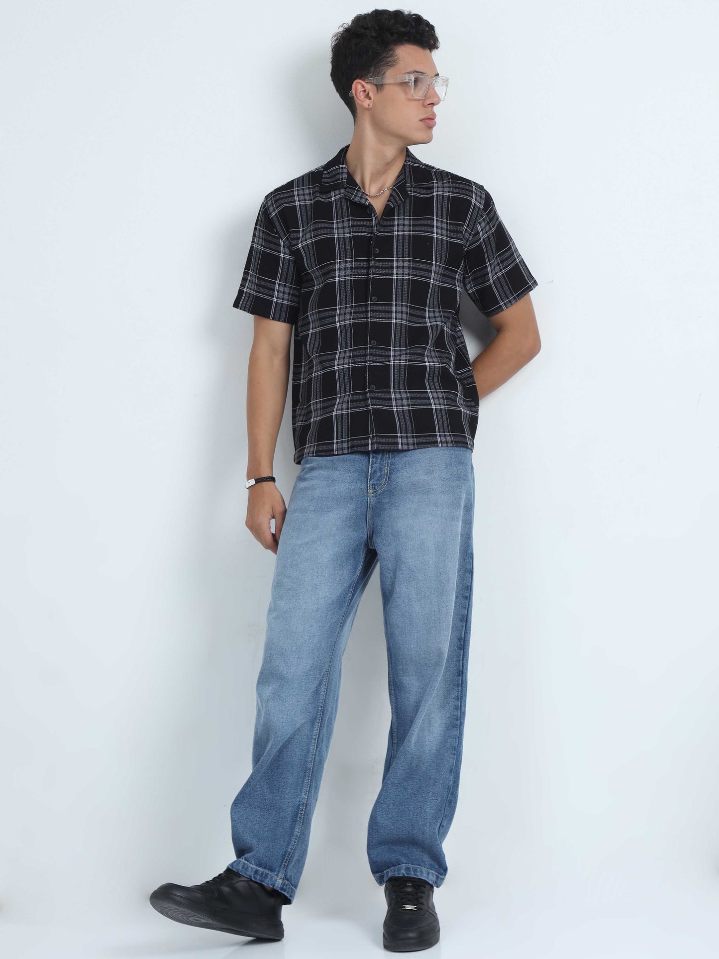 Men Checks Jacquard Oversized Shirt-Black