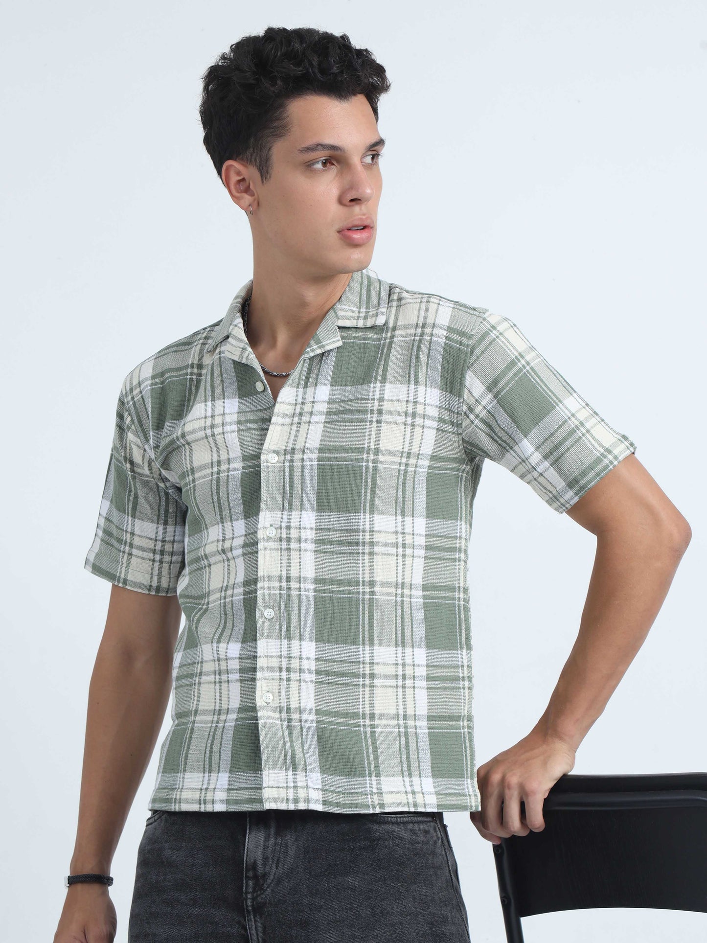 Men Checks Jacquard Oversized Shirt-Green