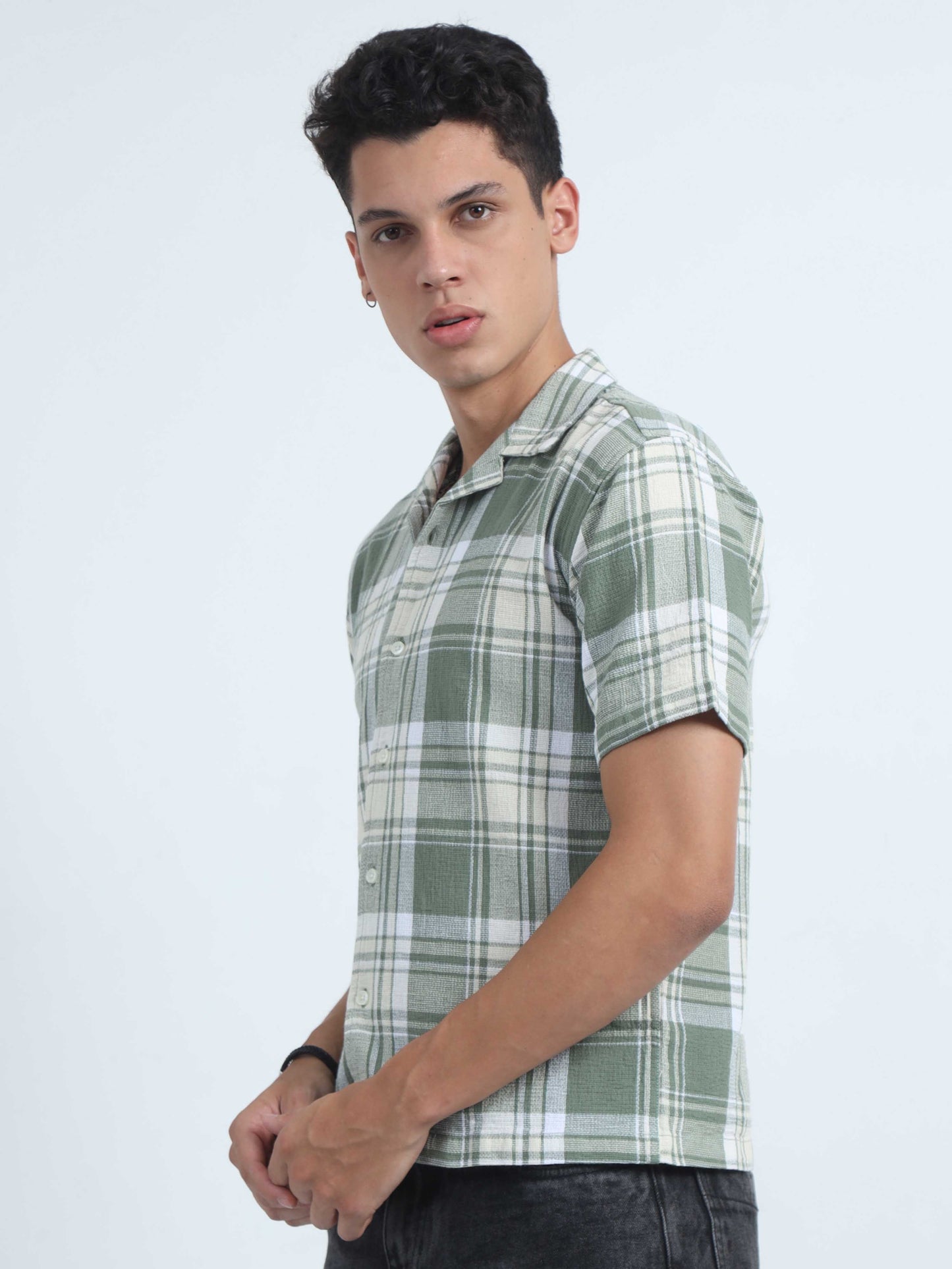 Men Checks Jacquard Oversized Shirt-Green