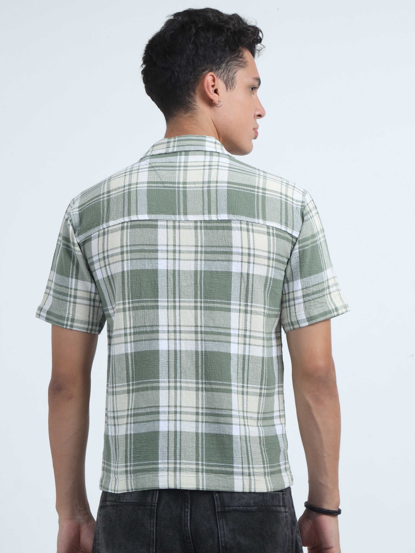 Men Checks Jacquard Oversized Shirt-Green
