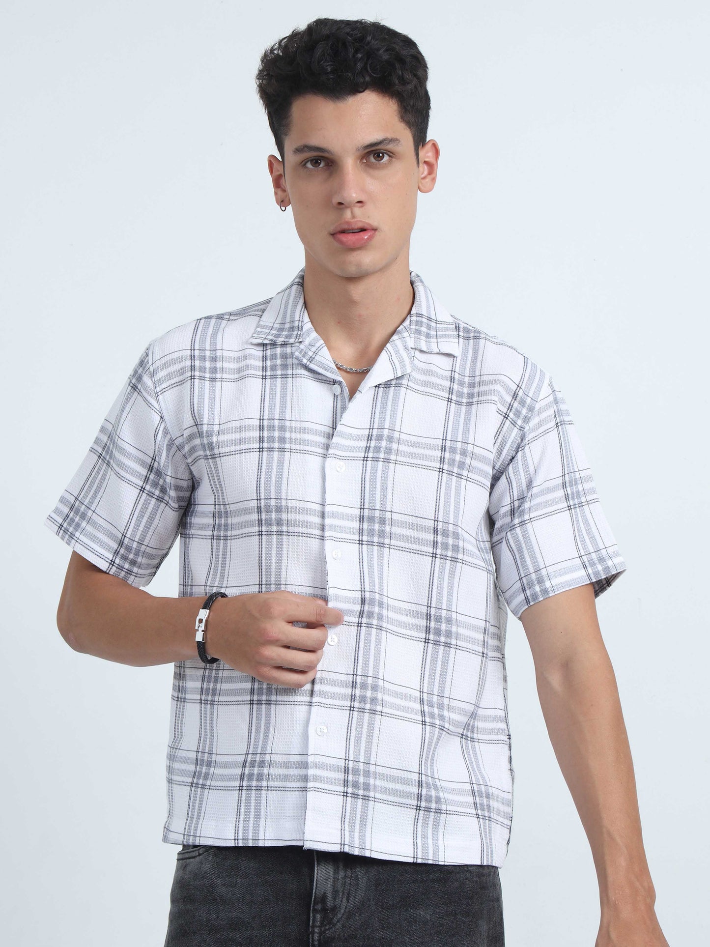 Men Checks Jacquard Oversized Shirt-White