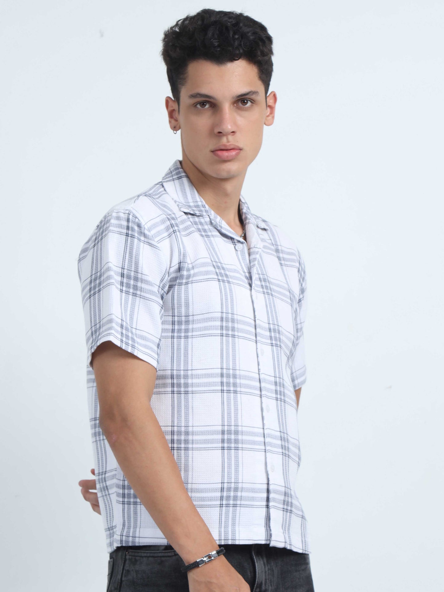 Men Checks Jacquard Oversized Shirt-White
