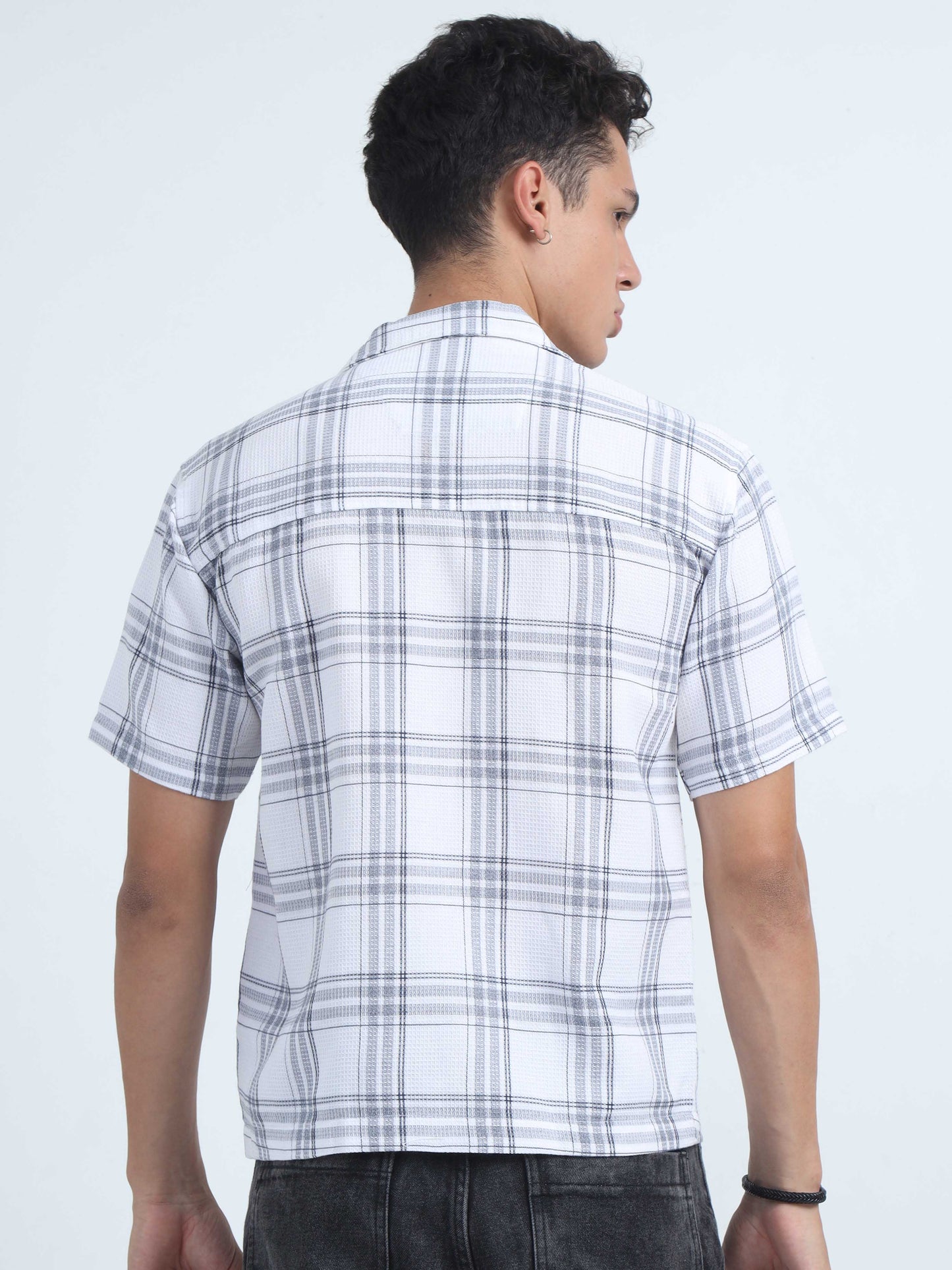Men Checks Jacquard Oversized Shirt-White
