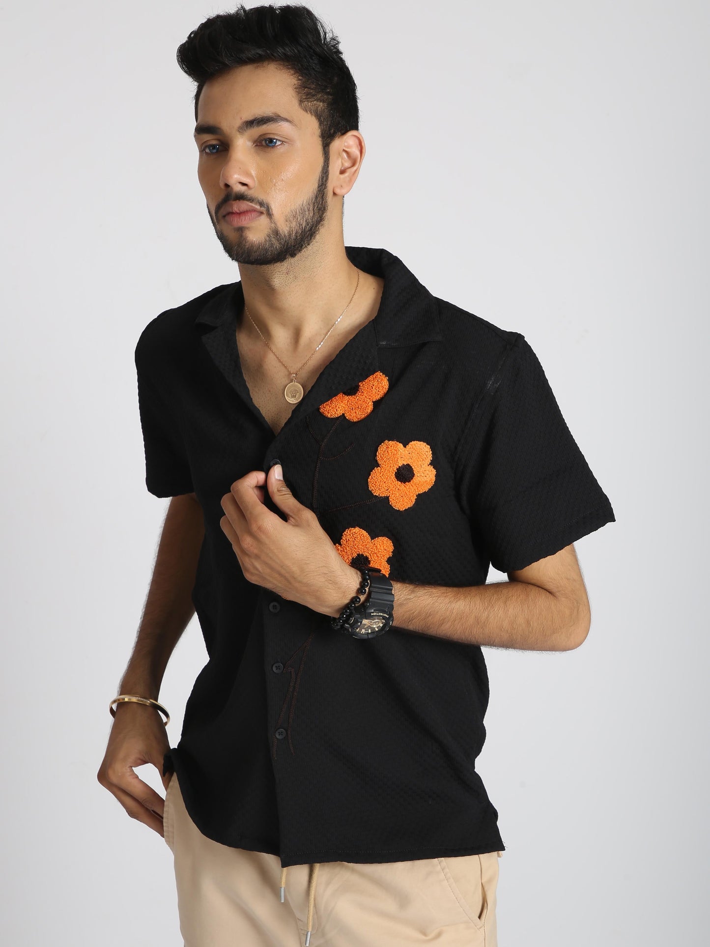 Men Sunflower Baggy Shirt-Black