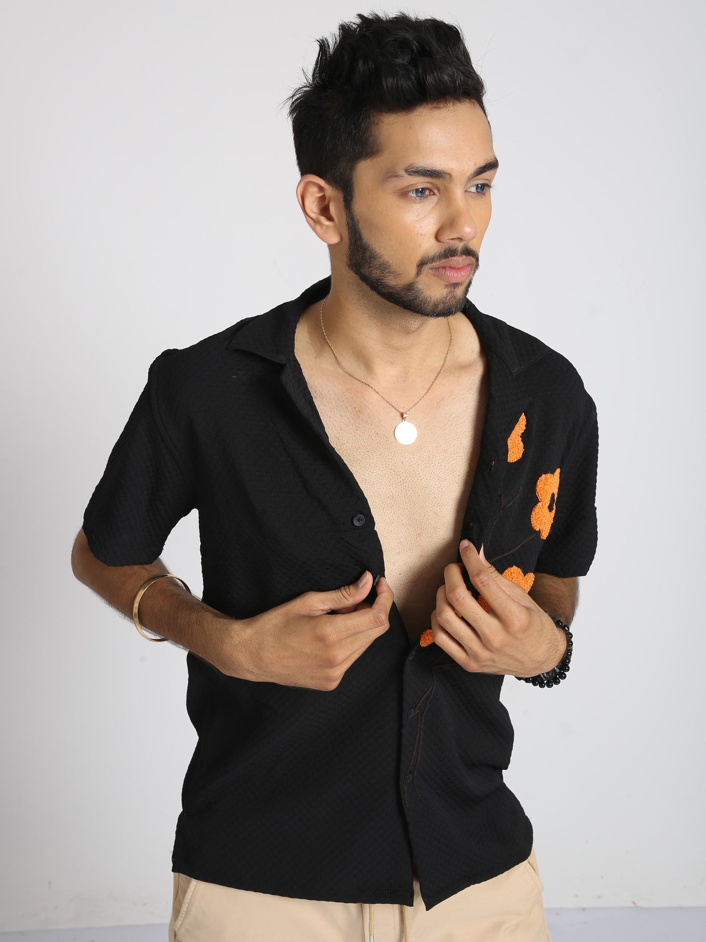 Men Sunflower Baggy Shirt-Black