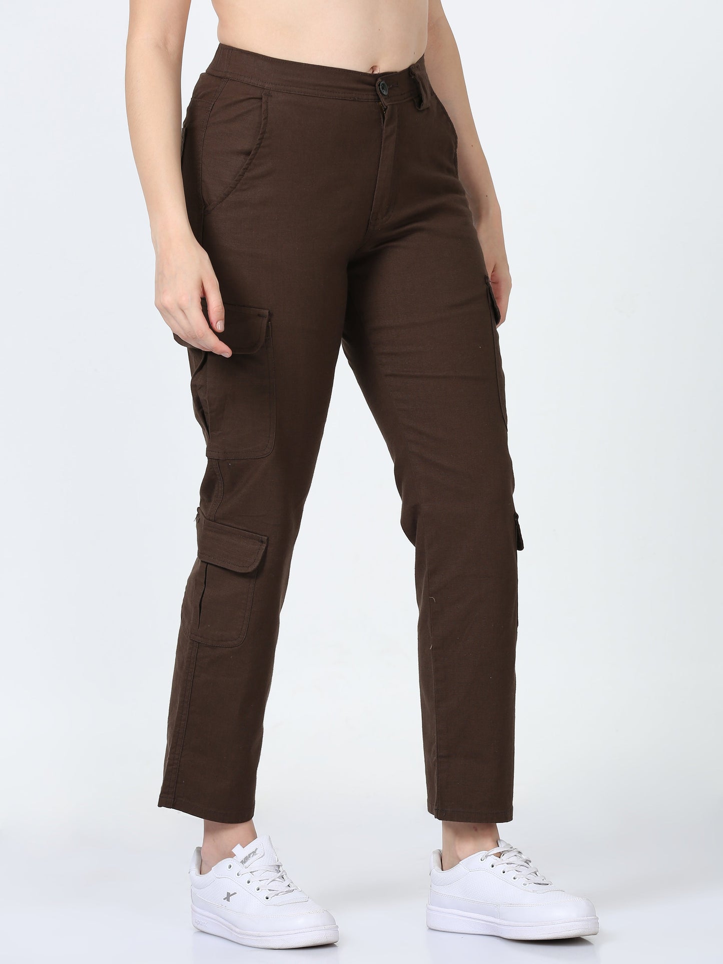 Women Lazy Linen Cargo Trousers-Brown