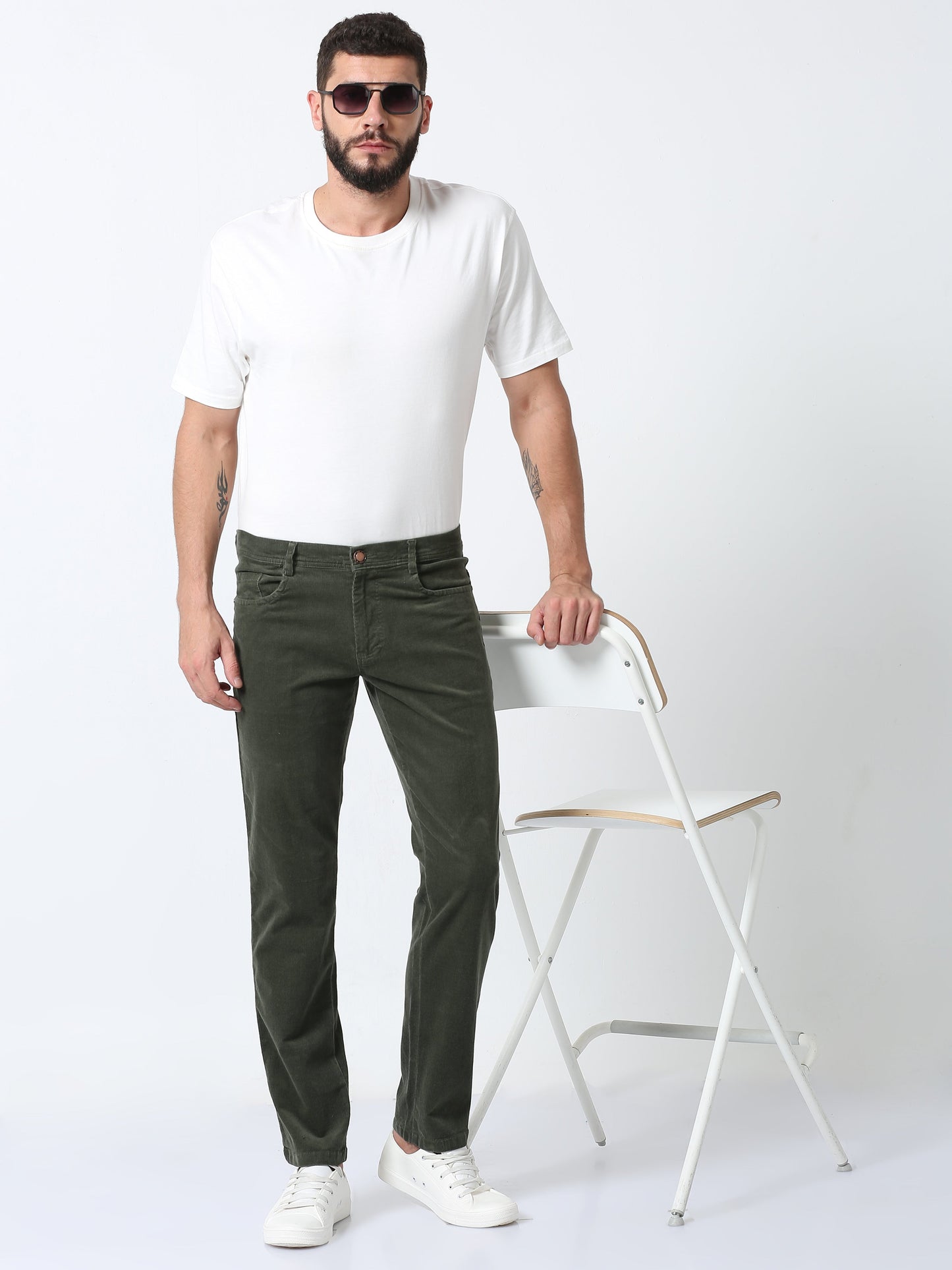 Men Corduroy Trousers-Olive