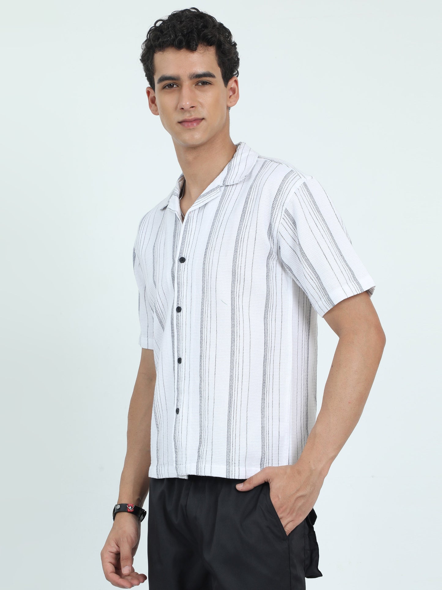 Men Striped Jacquard Oversized Shirt-White