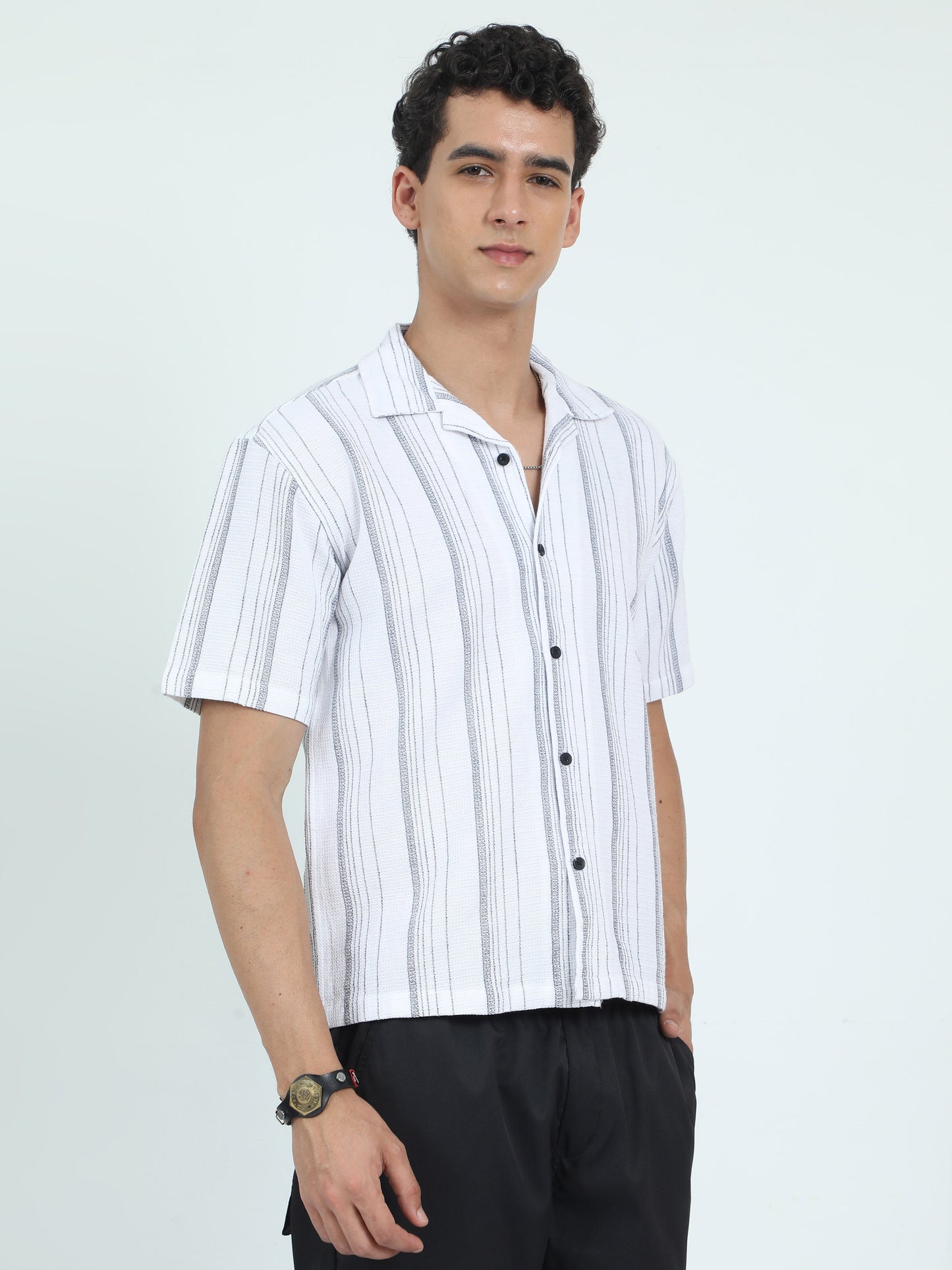 Men Striped Jacquard Oversized Shirt-White