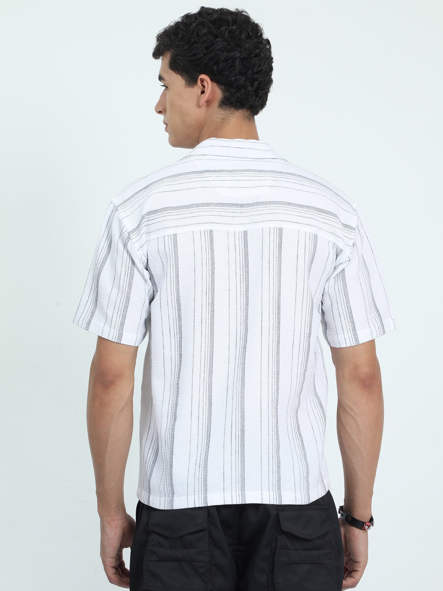 Men Striped Jacquard Oversized Shirt-White