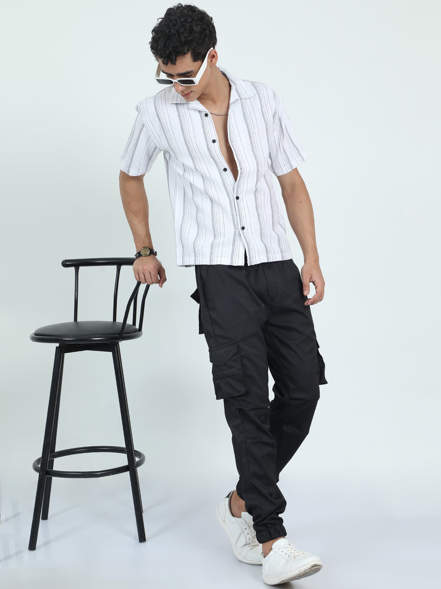 Men Striped Jacquard Oversized Shirt-White