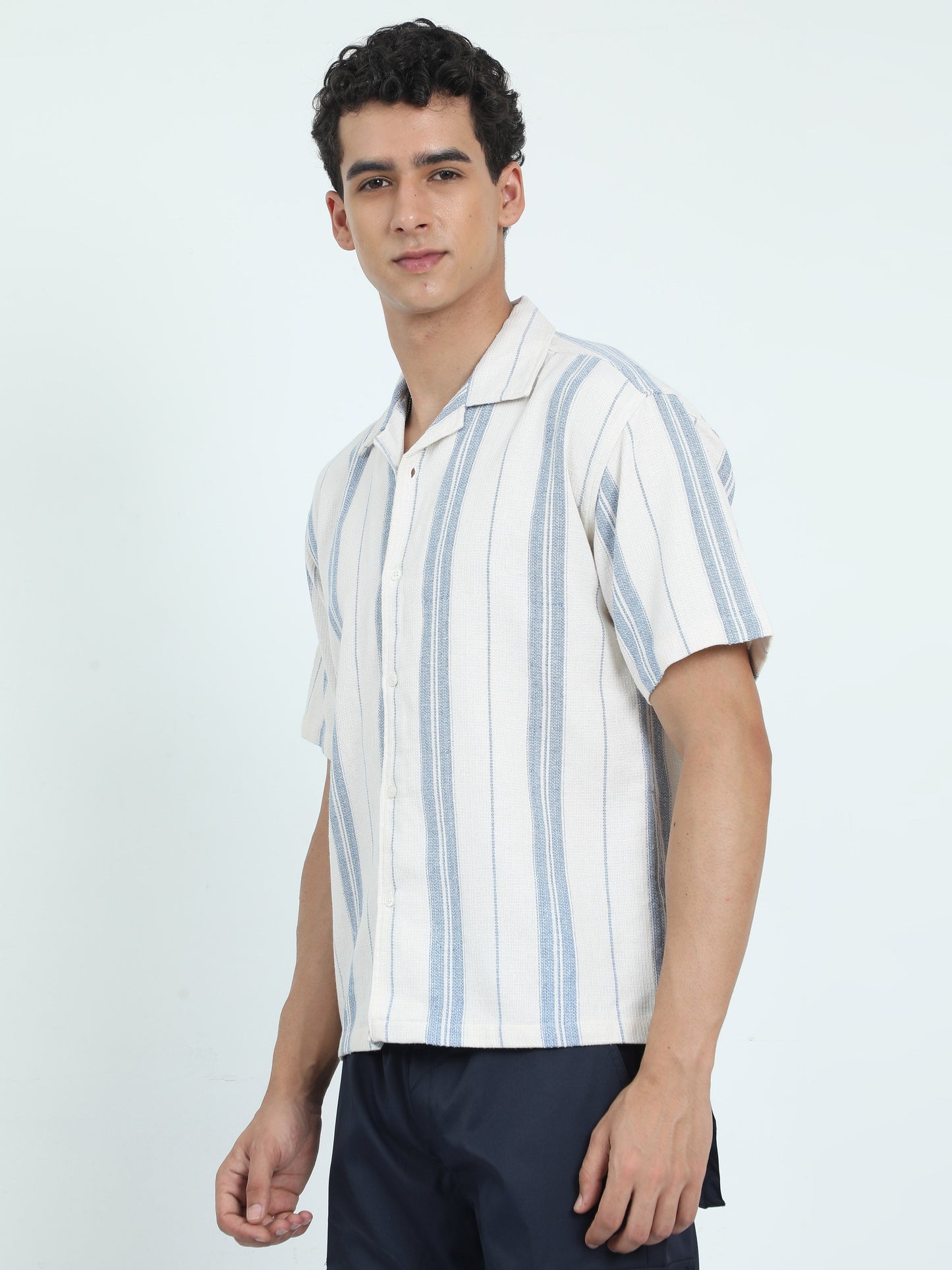Men Striped Jacquard Oversized Shirt-Sky Blue