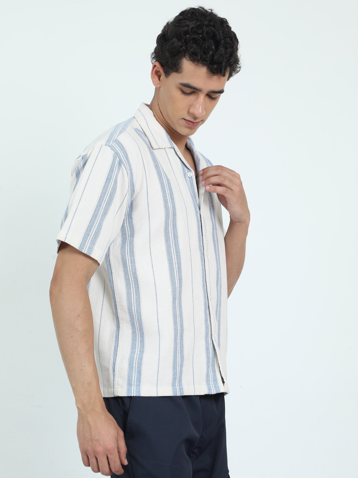 Men Striped Jacquard Oversized Shirt-Sky Blue
