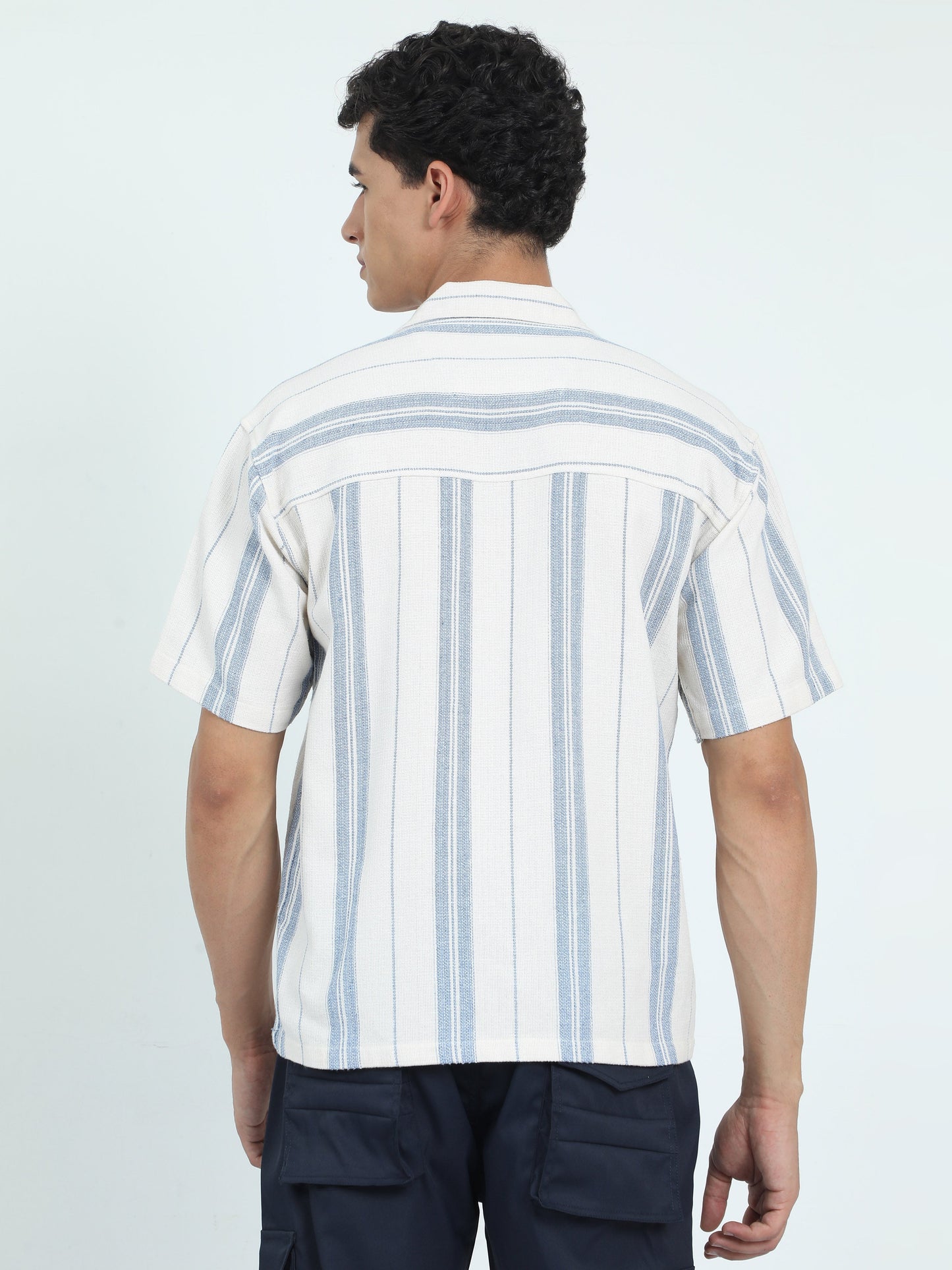 Men Striped Jacquard Oversized Shirt-Sky Blue