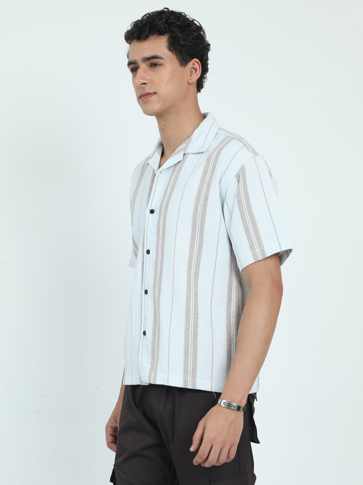 Men Striped Jacquard Oversized Shirt-Mint