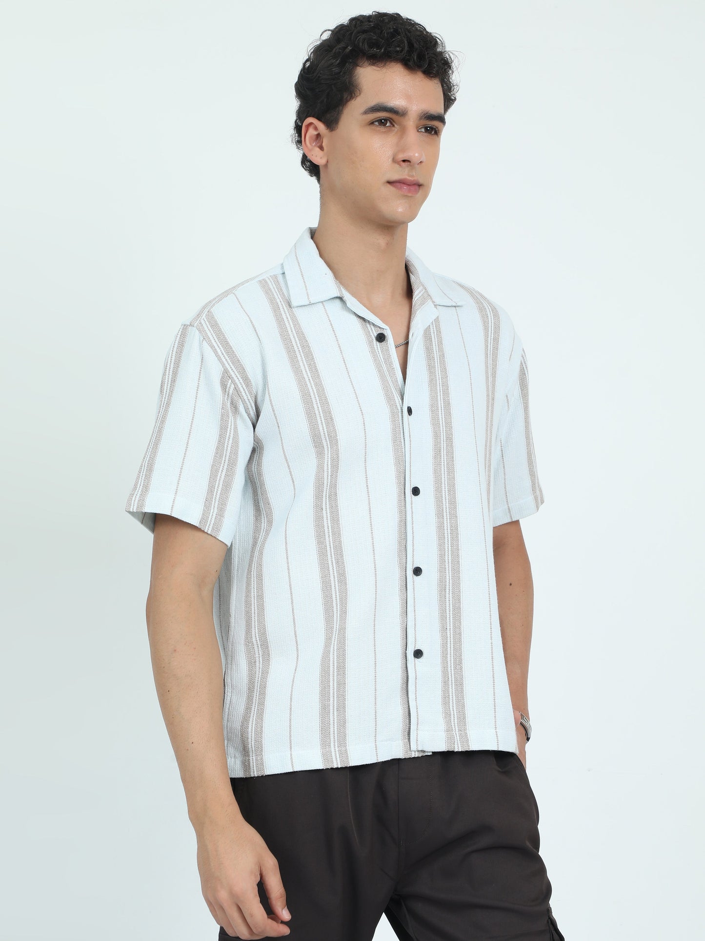 Men Striped Jacquard Oversized Shirt-Mint
