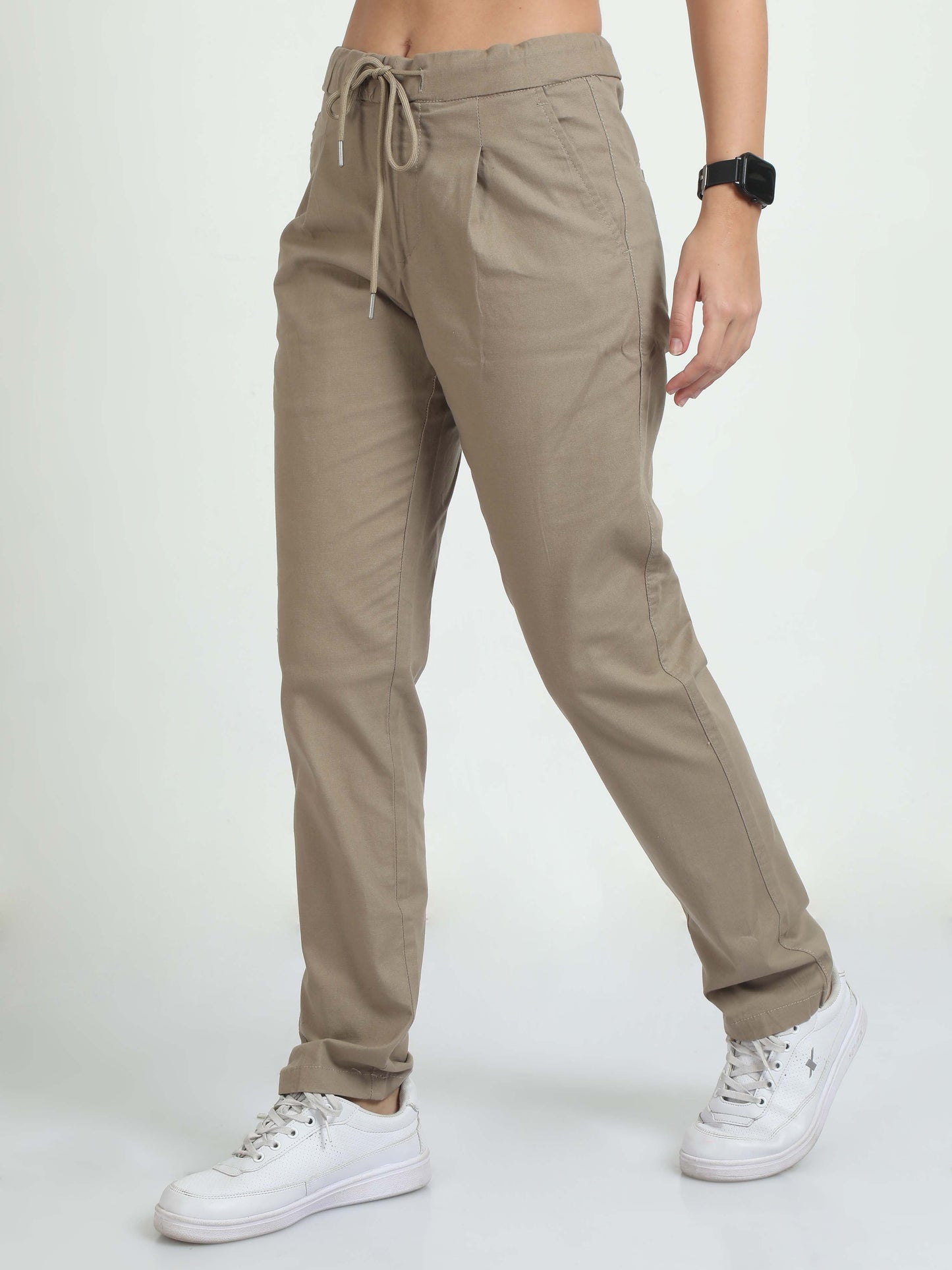 Women Lazy Linen Pleat Pant-Khakhi