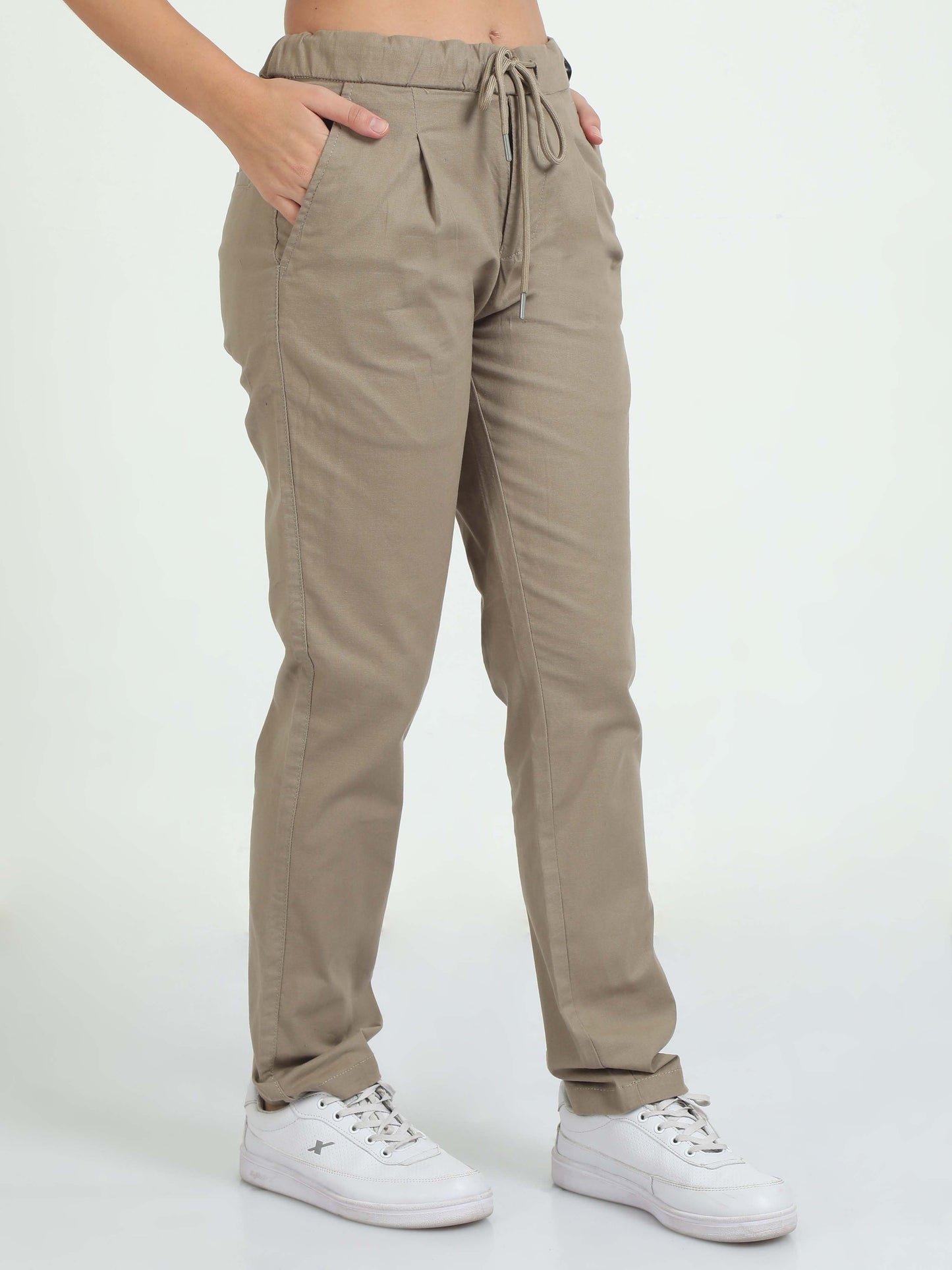 Women Lazy Linen Pleat Pant-Khakhi