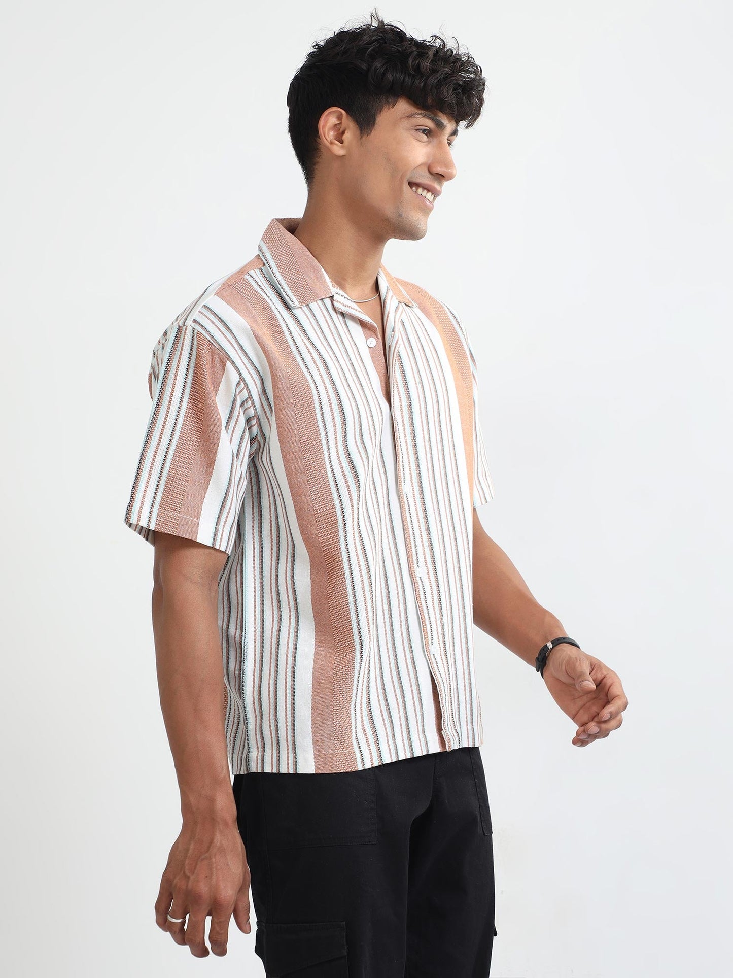 Men Striped Jacquard Oversized Shirt-Mustard