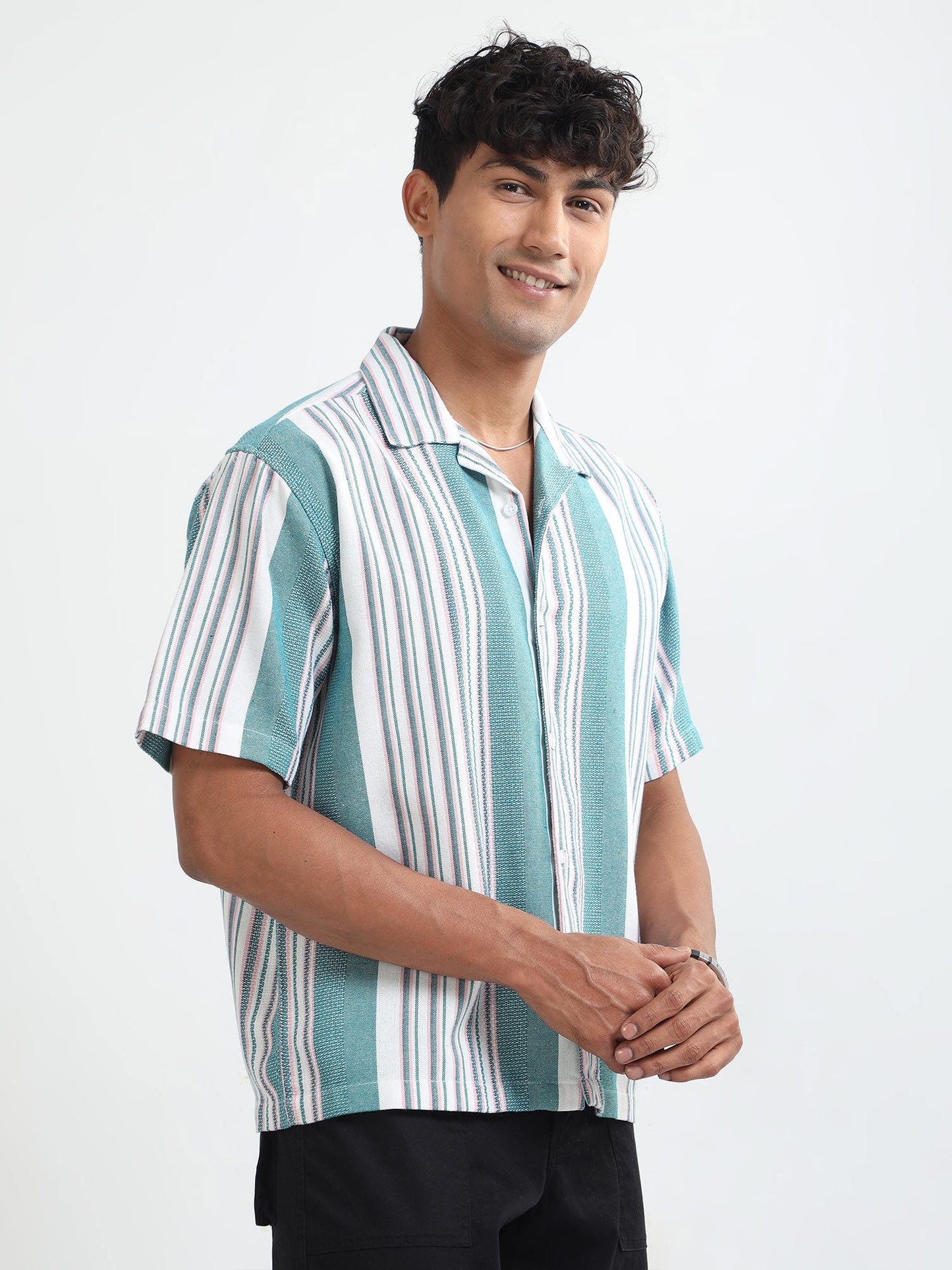 Men Striped Jacquard Oversized Shirt-Mint