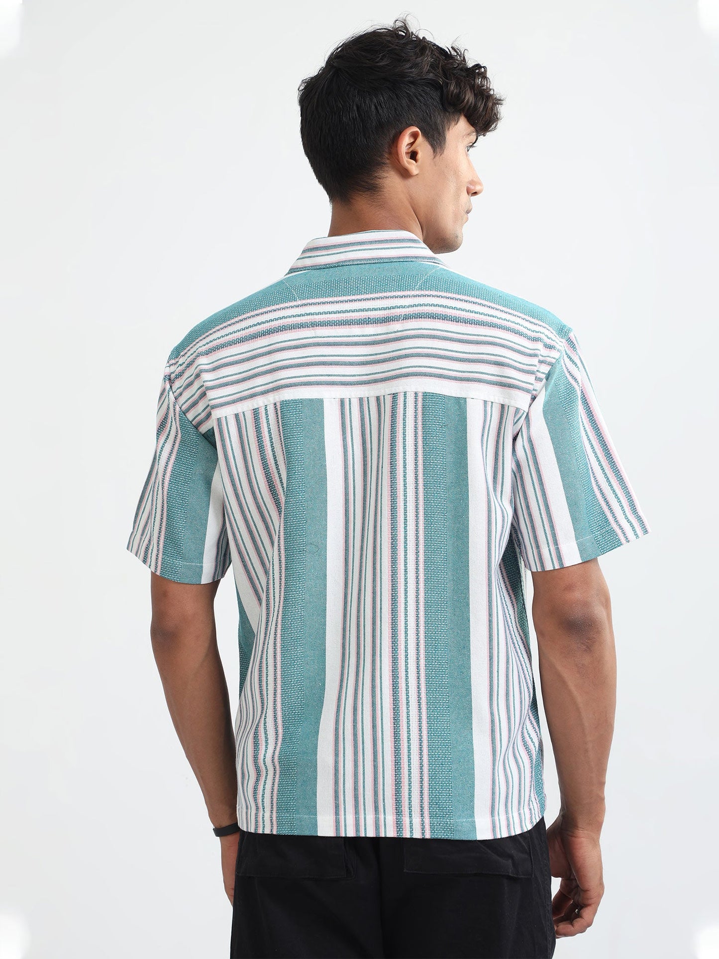 Men Striped Jacquard Oversized Shirt-Mint