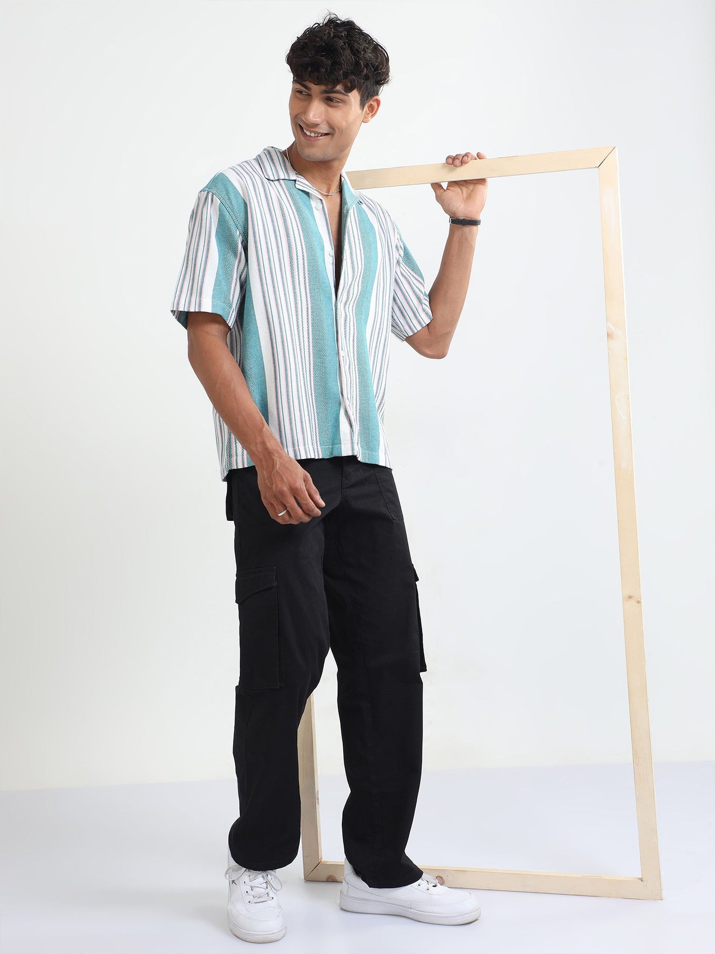 Men Striped Jacquard Oversized Shirt-Mint