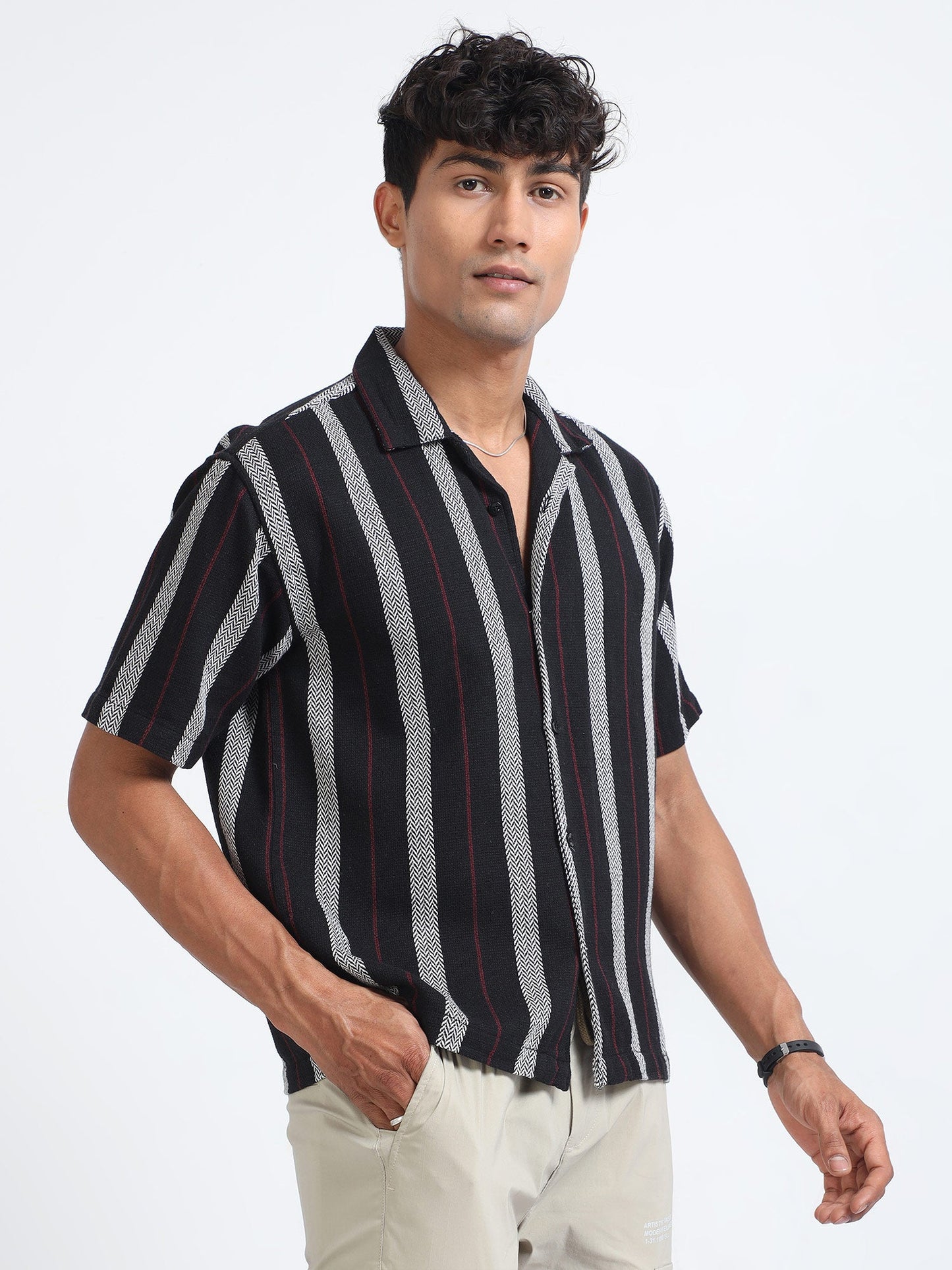 Men Striped Jacquard Oversized Shirt-Black
