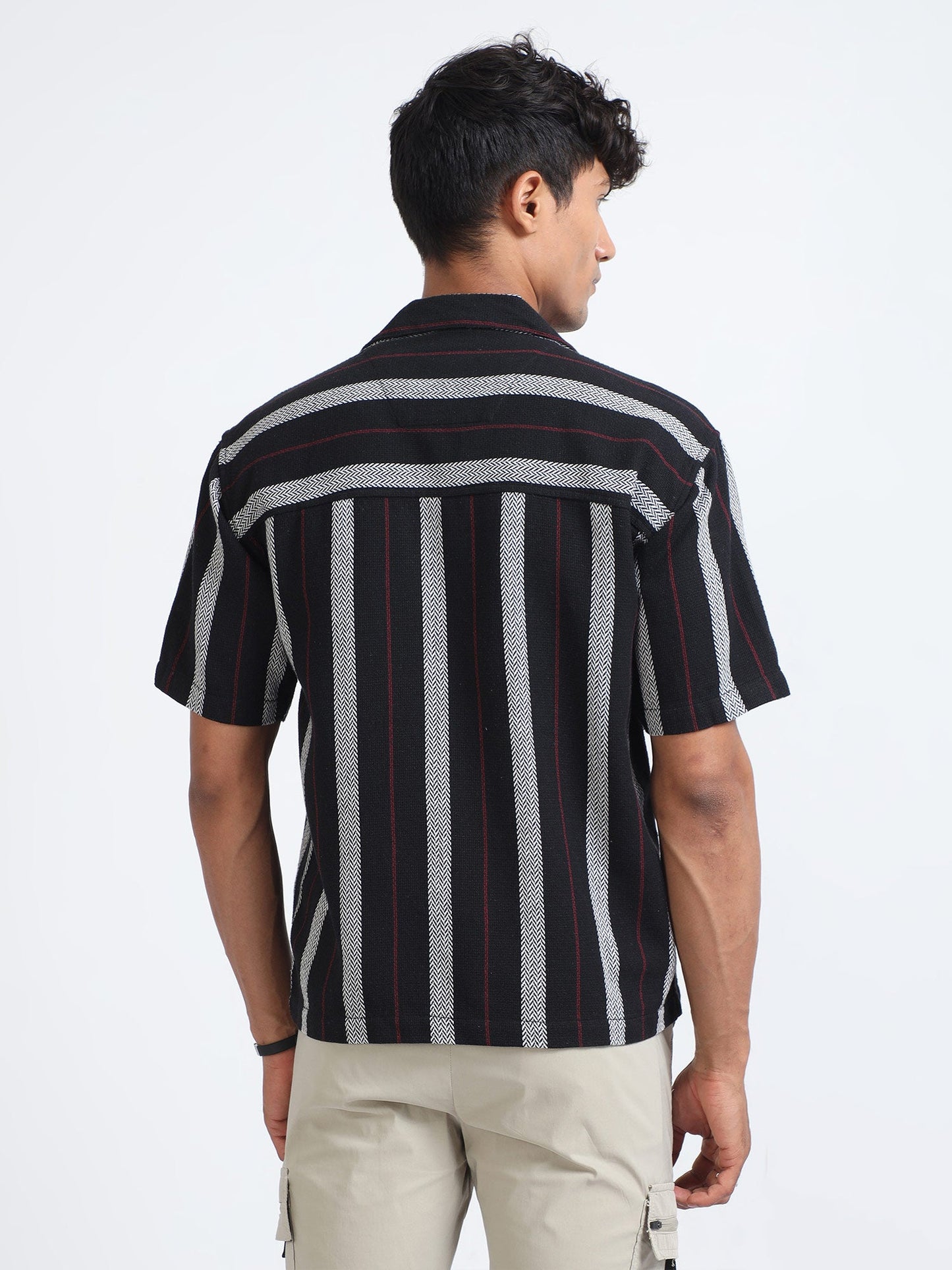 Men Striped Jacquard Oversized Shirt-Black