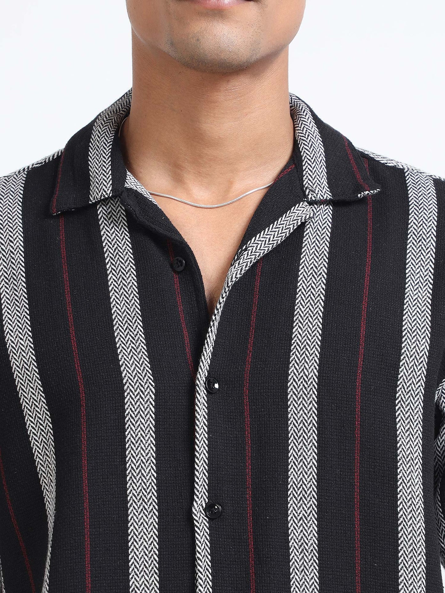 Men Striped Jacquard Oversized Shirt-Black