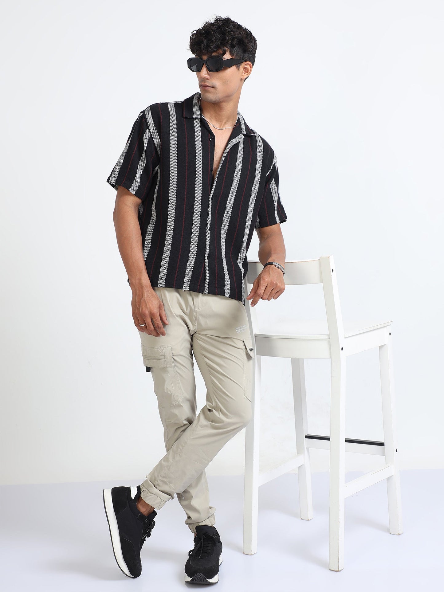 Men Striped Jacquard Oversized Shirt-Black