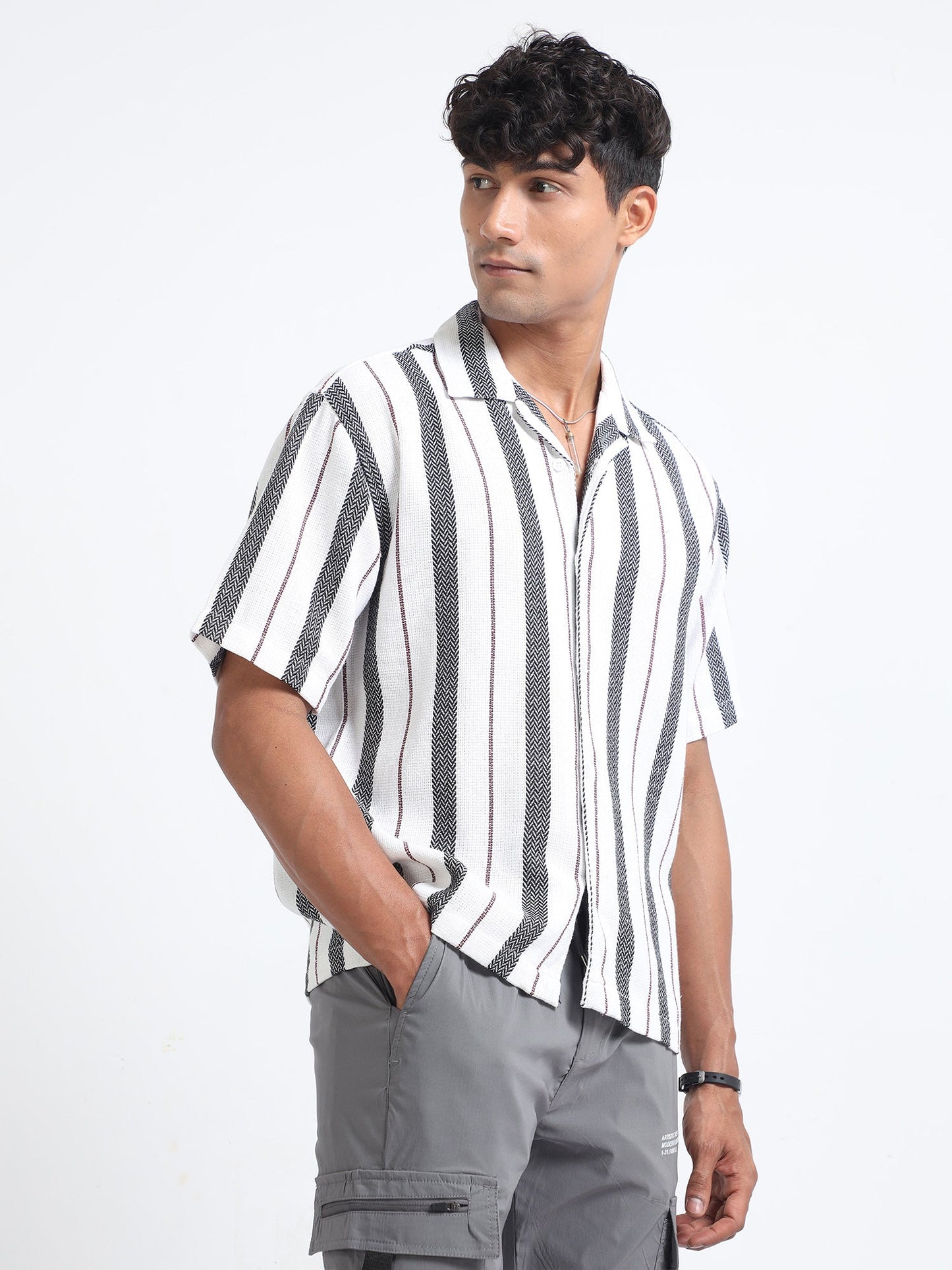 Men Striped Jacquard Oversized Shirt-White