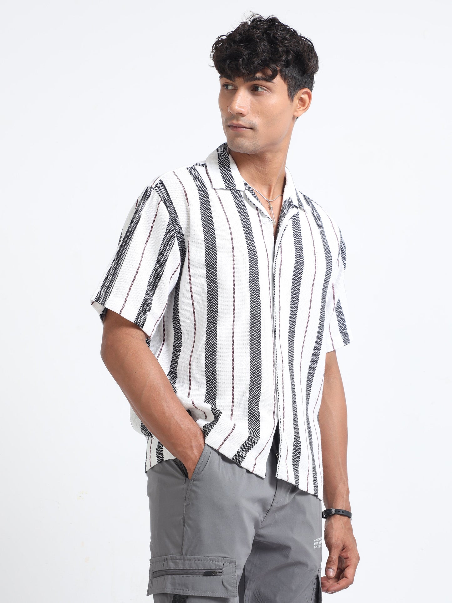 Men Striped Jacquard Oversized Shirt-White & Grey