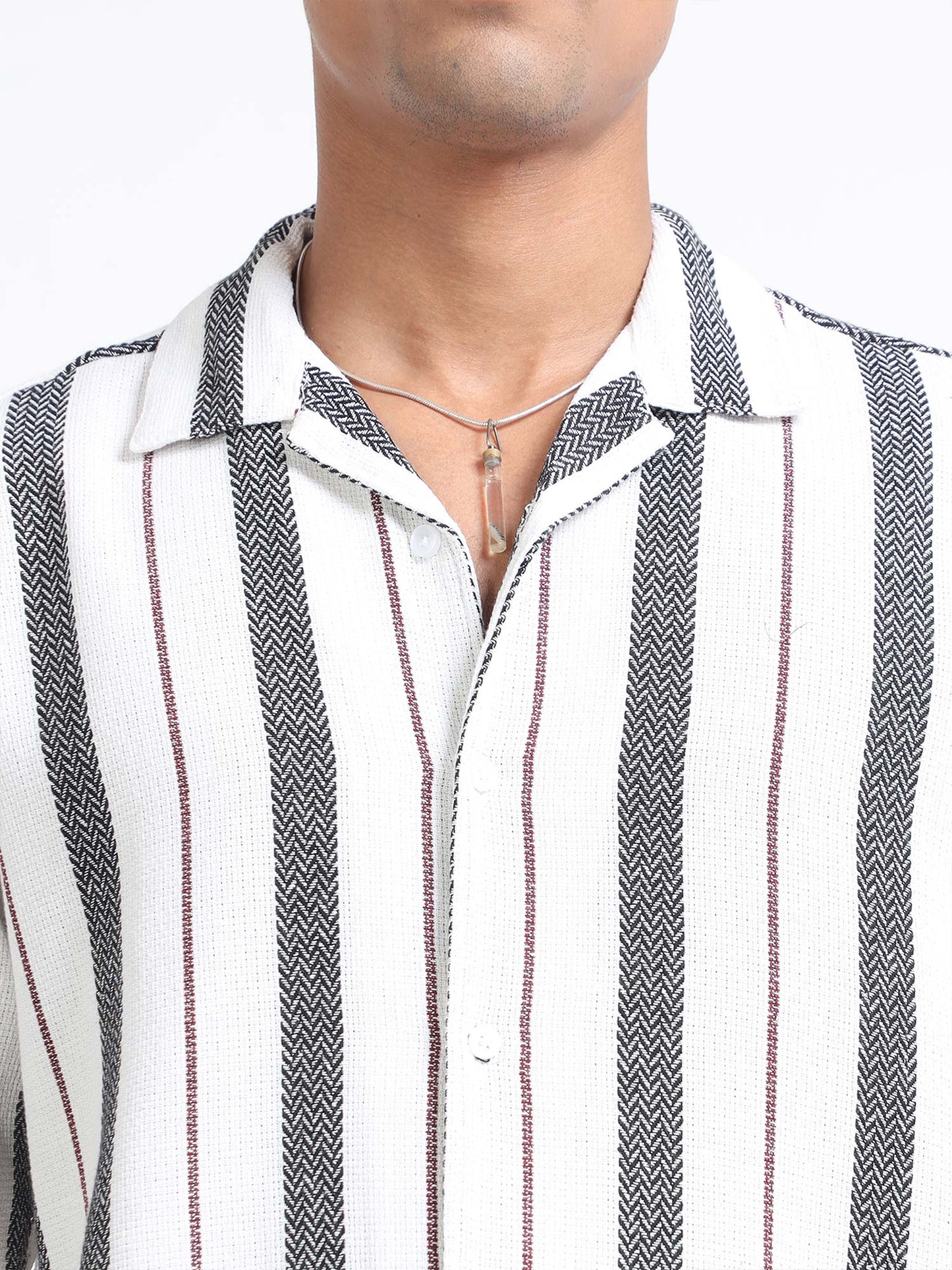 Men Striped Jacquard Oversized Shirt-White