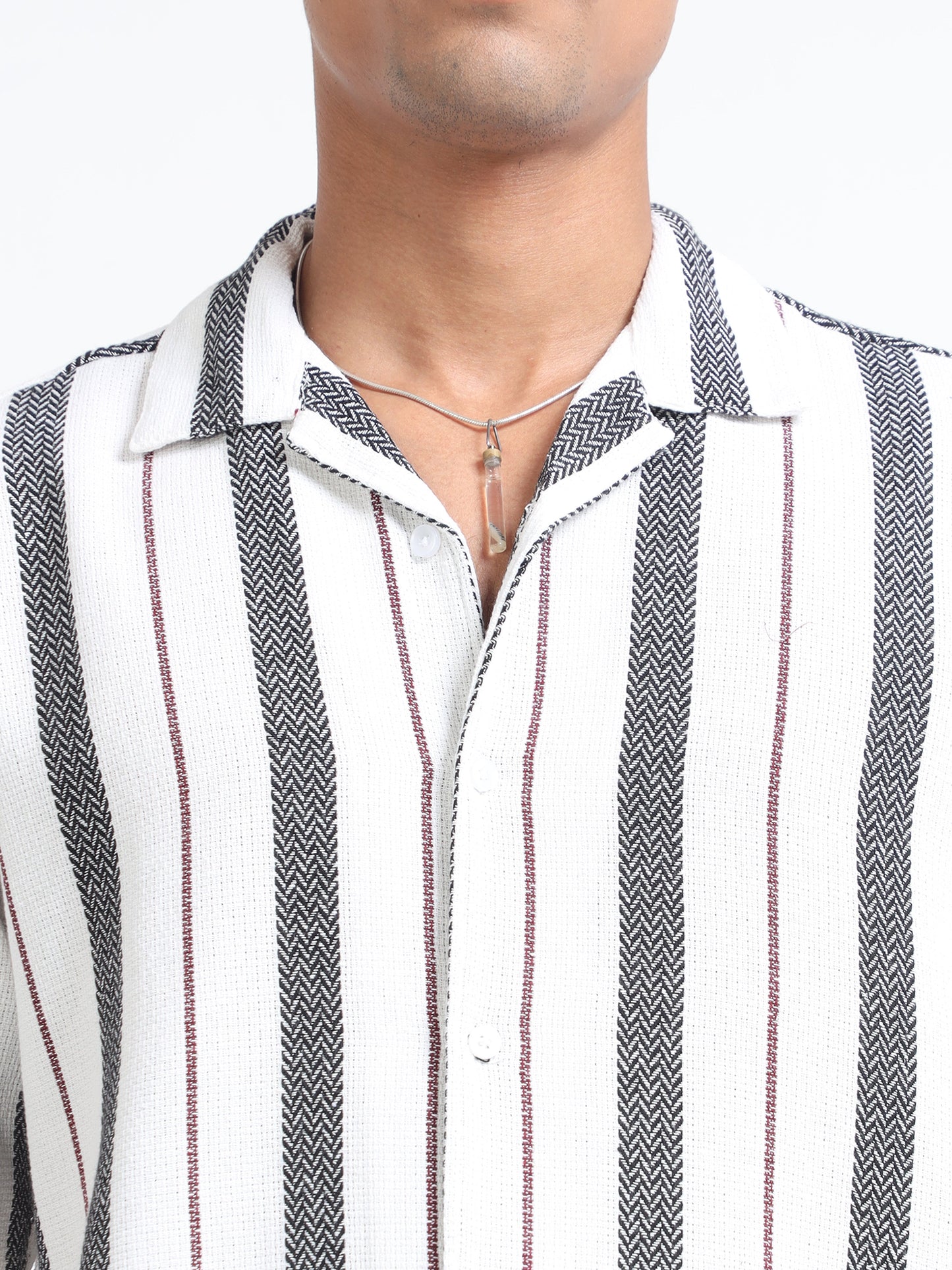 Men Striped Jacquard Oversized Shirt-White & Grey