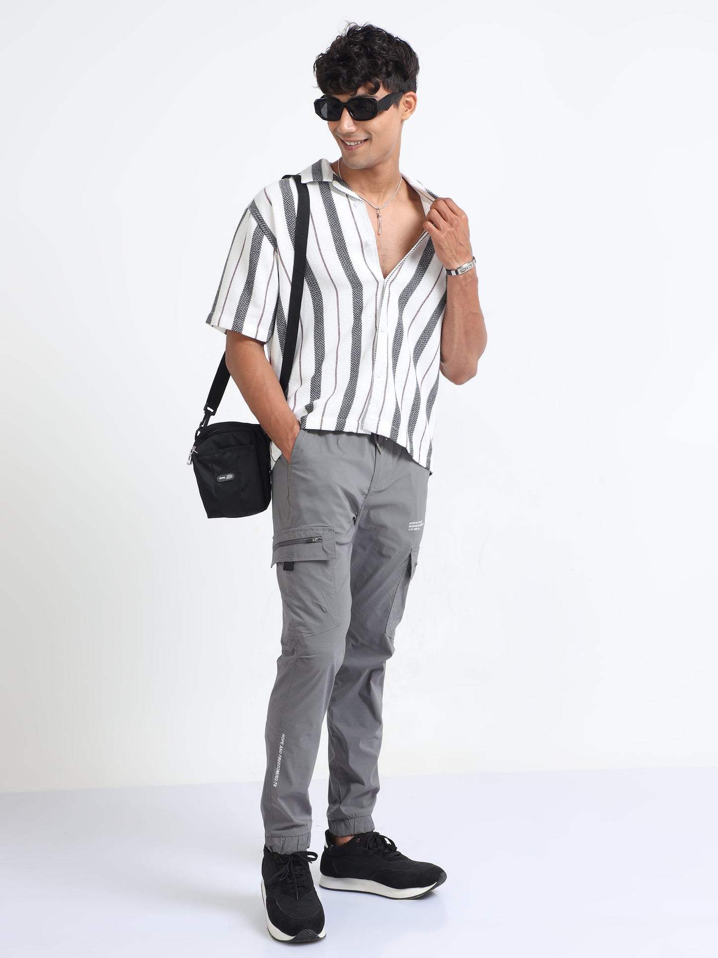 Men Striped Jacquard Oversized Shirt-White & Grey