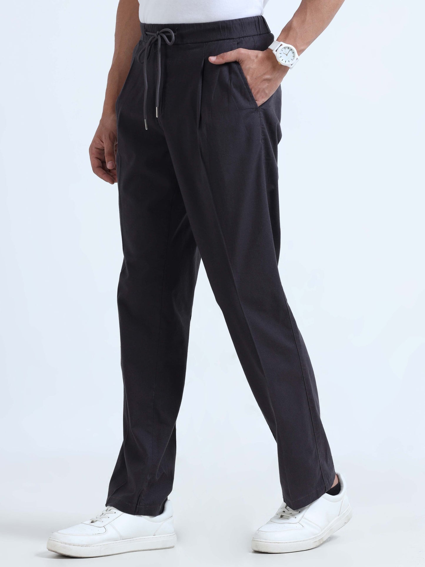 Men Lazy Linen Pleat Pant-Dark Grey