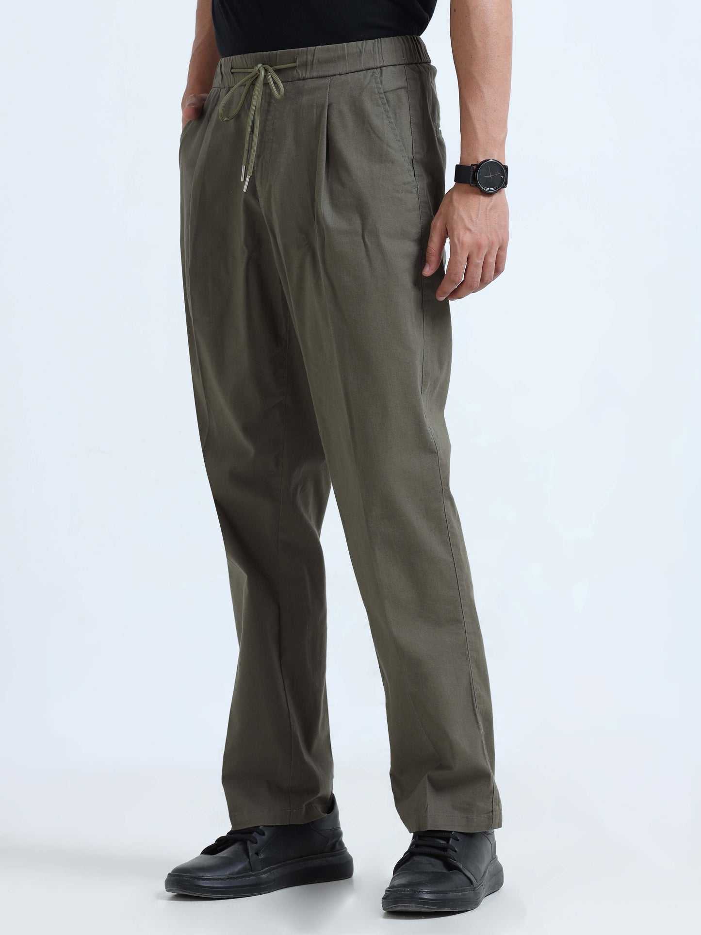 Men Lazy Linen Pleat Pant-Olive