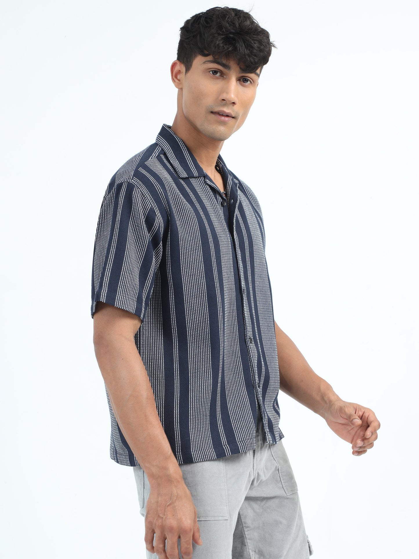 Men Striped Jacquard Oversized Shirt-Navy