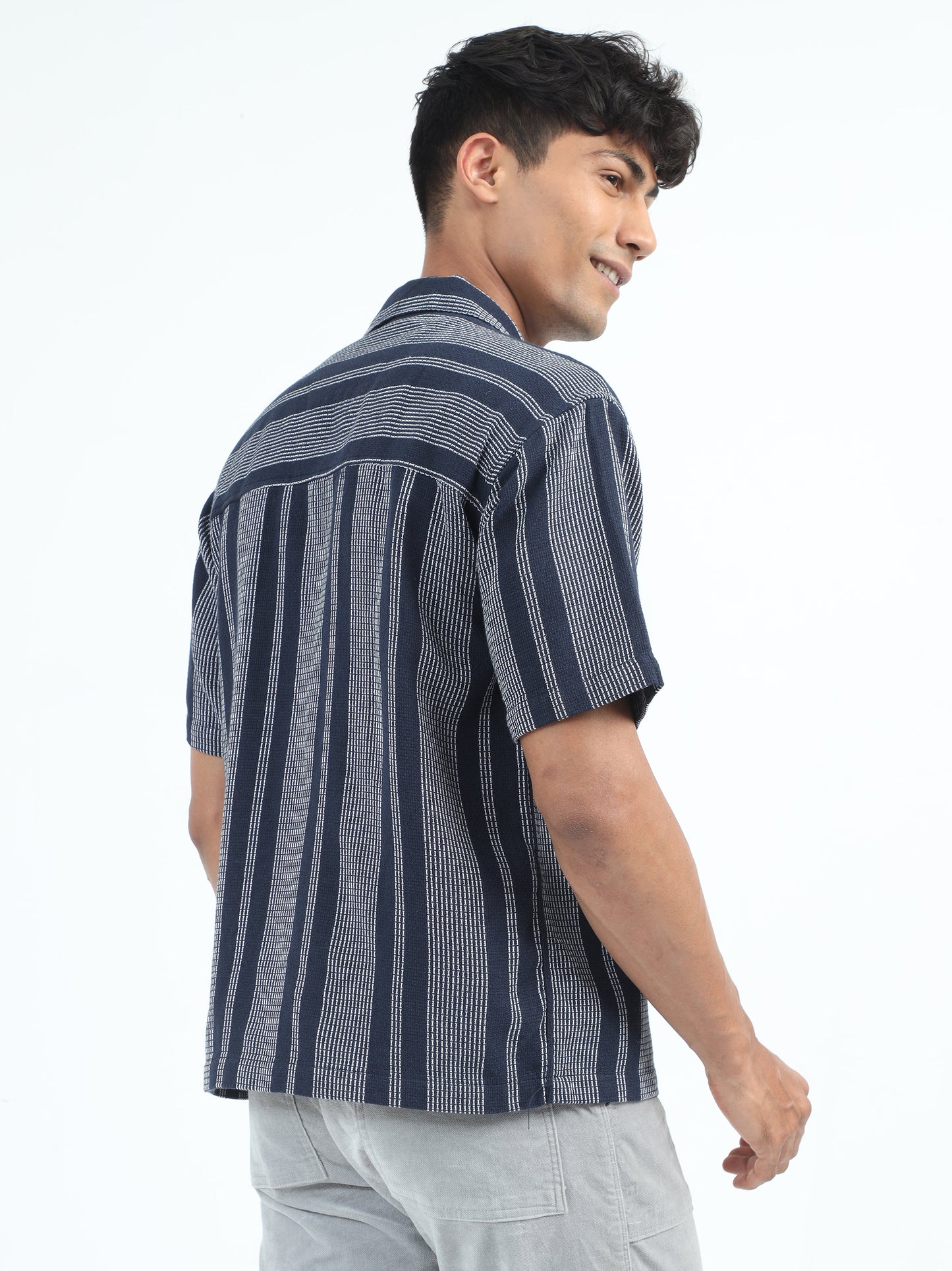 Men Striped Jacquard Oversized Shirt-Navy